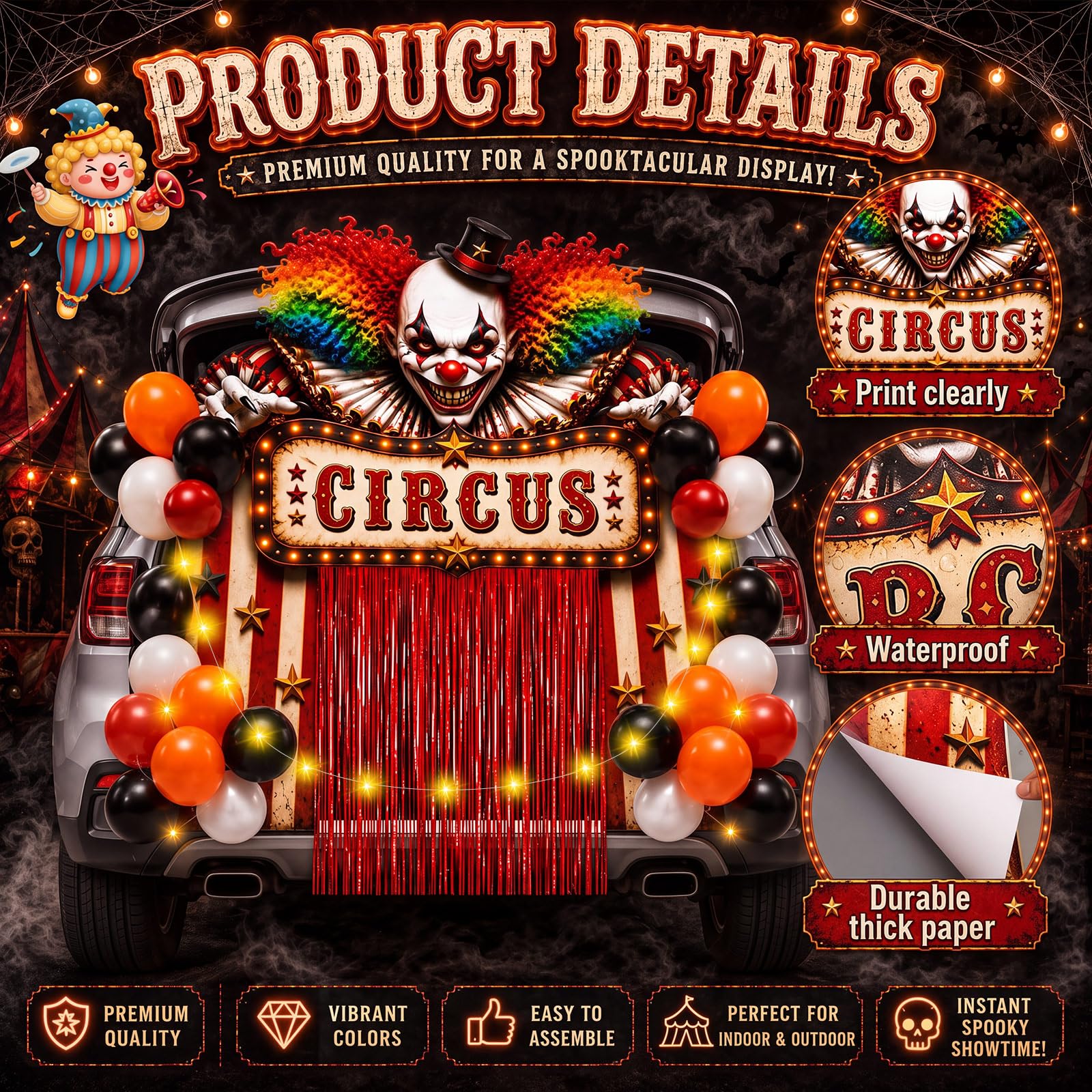 Soulchen Kit di decorazioni per bagagliaio di Halloween, per SUV, decorazione per interni ed esterni, pianeti, casa infestata, garage, palloncini sul prato, casa, esterni (circo carnevale)
