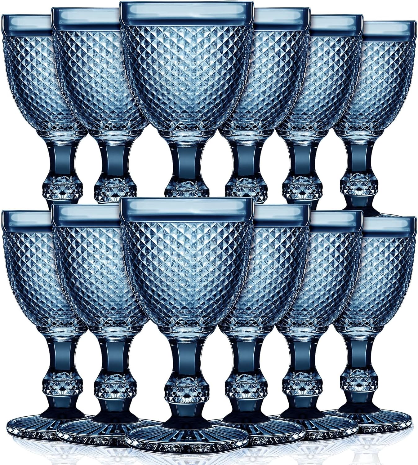 Bokon 12 Pack Glass Goblets Set 10 oz High Clear Wine Glass Vintage Water Goblets Cups Embossed Diamond Design Glassware with Stem for Drinking Juice Liquor Party Wedding Bar (Sapphire)