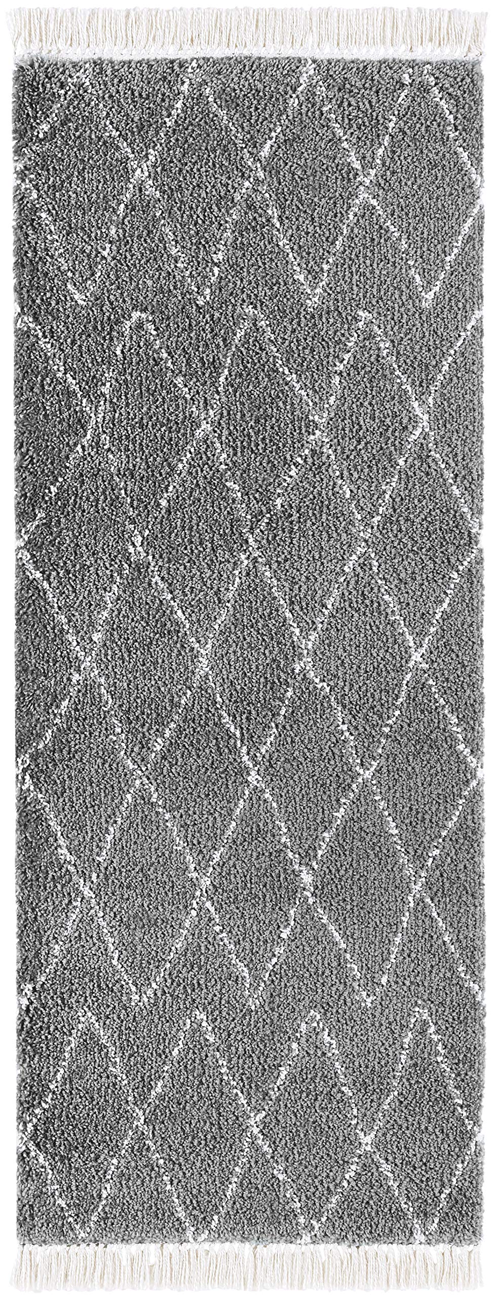 HANSE Home Rug Jade High Pile Living Room Rug Soft Fluffy Long Pile Shaggy Flokati Skandi Pattern with Fringes for Children's Room Bedroom Kitchen Hallway Dark Grey Cream 80 x 150 cm