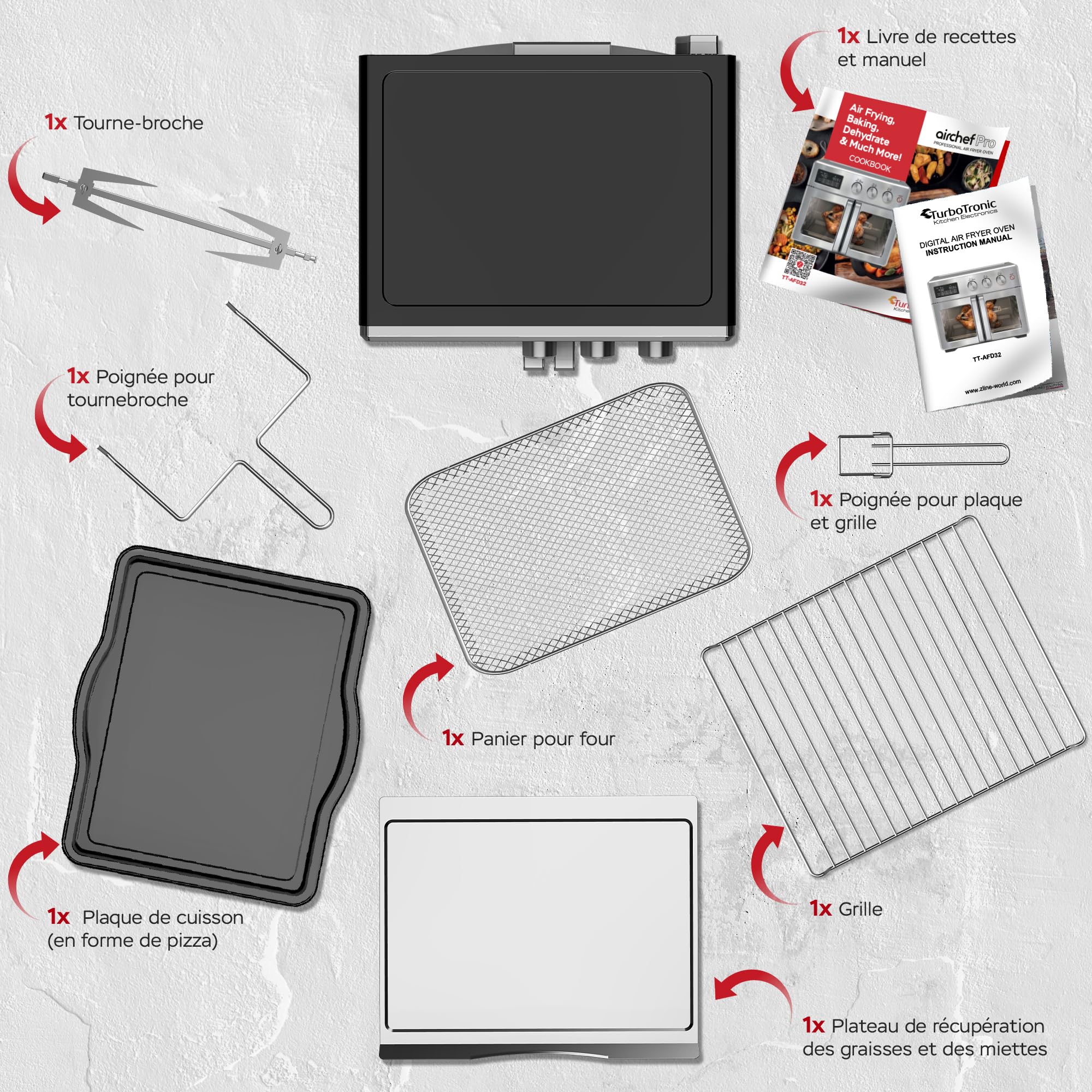 TurboTronic Mini four, four à air chaud 4 en 1 et friteuse à air chaud, version XXL 32 L, y compris tournebroche et de nombreux accessoires, plaque de cuisson, déshydrateur à partir de 25 °C & grill