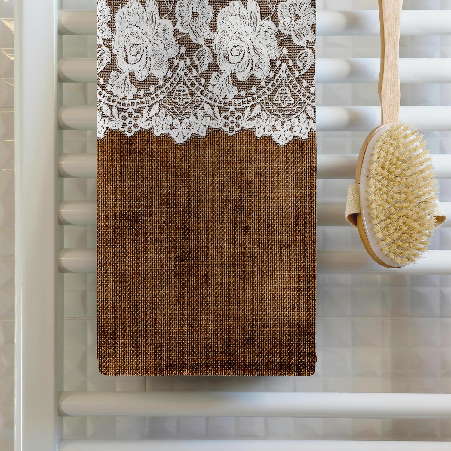 3dRose White Floral Lace on Brown Grunge Vintage Burlap 22x30 Bath Hand Pool Towel
