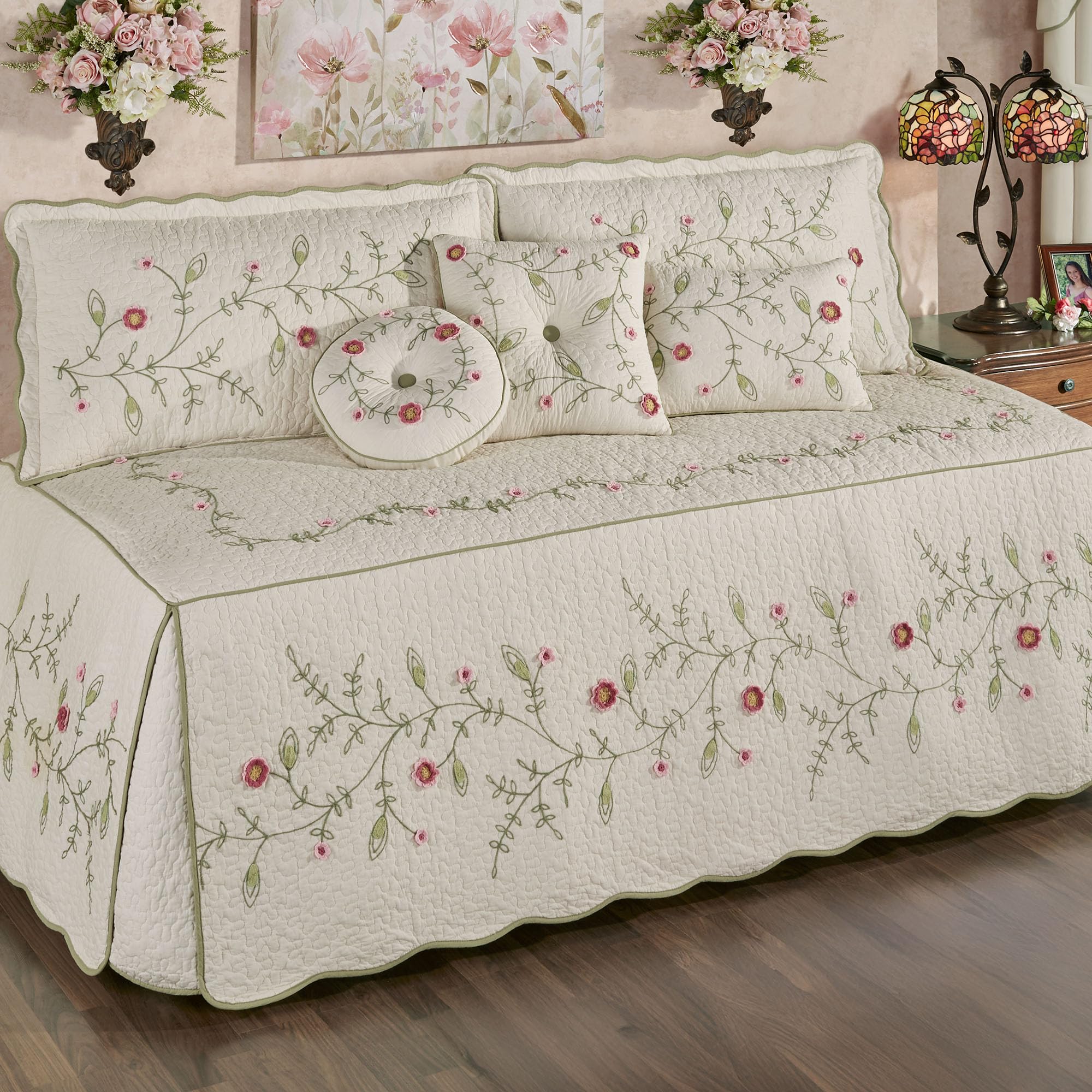 Posy Cottage Garden Bedding | Chain Stitch Embroidery, Crochet, & Quilting Fiber Art | 8 Pc Bed Set with Daybed Cover, 2 King Shams, 2 King Pillow Inserts, & 3 Accent Pillows | Also Fits Twin XL Beds