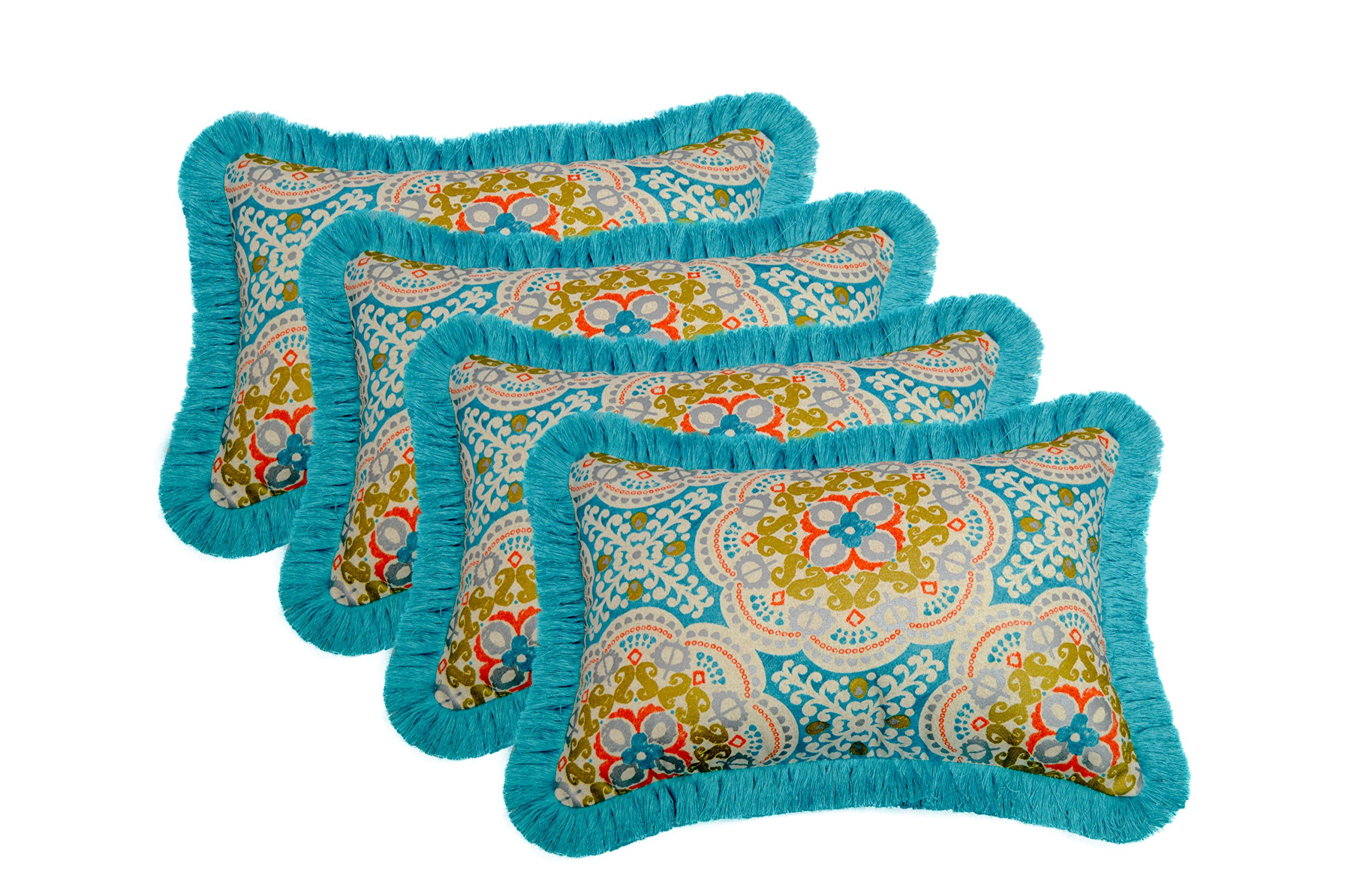 Set of 4 Indoor / Outdoor Decorative Lumbar / Rectangle Pillows - Astrid Aqua w/ Sunbrella Canvas Aruba Fringe