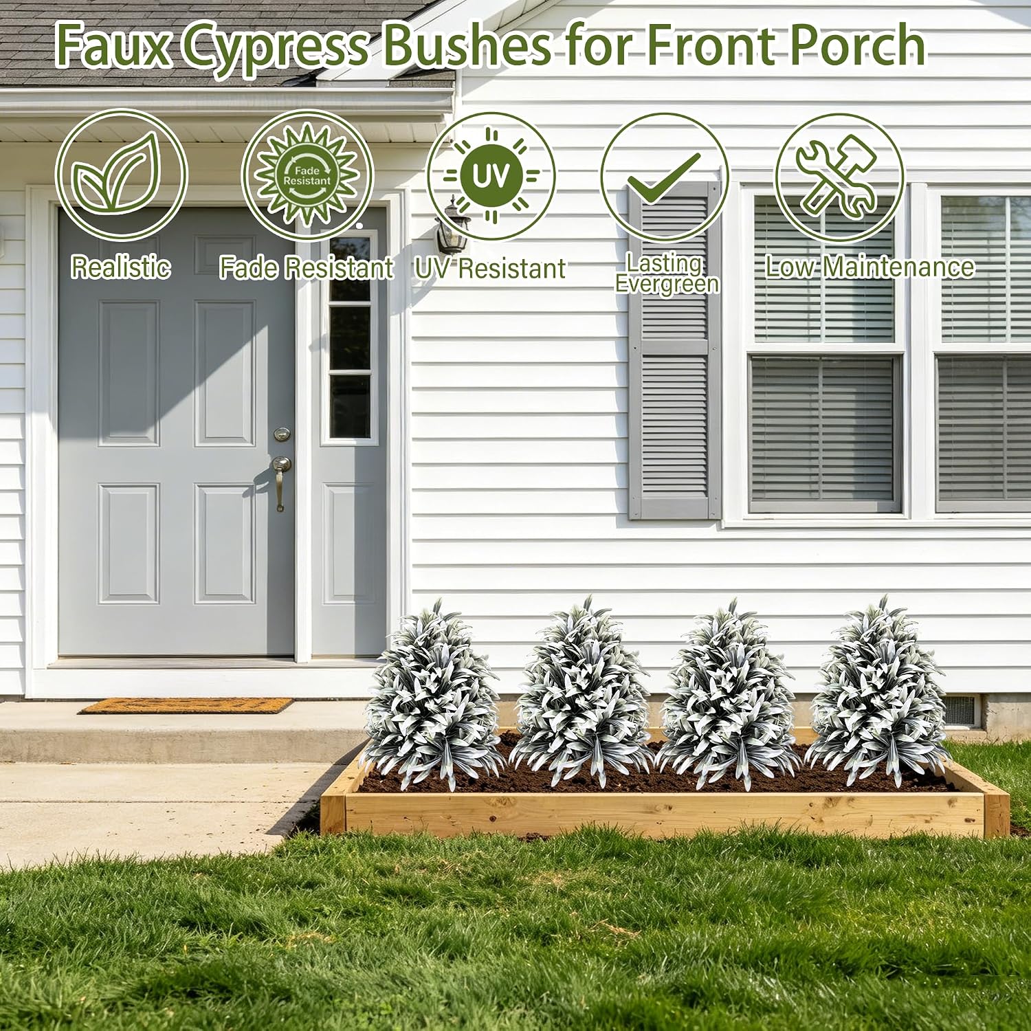 4 Pack White Fake Topiaries Cedar Trees Outdoor, UV Resistant Faux Artificial Shrubs with Ground Stakes, 16.5'' Fake Bushes Plants Evergreen for Front Porch Planters, Garden, Yard Decor