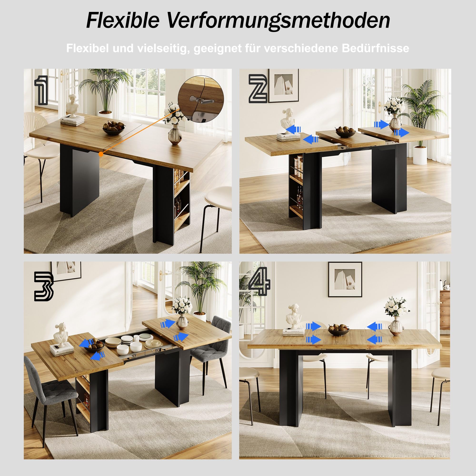Esstisch Teleskoptisch (120-160×80cm), Tisch mit Regalen, Küchentisch, Ausziehtisch, mit Hilfe innenliegender Einlegeplatten，Ausziehbar, für Küche und Wohnzimmer, Holzfarbener