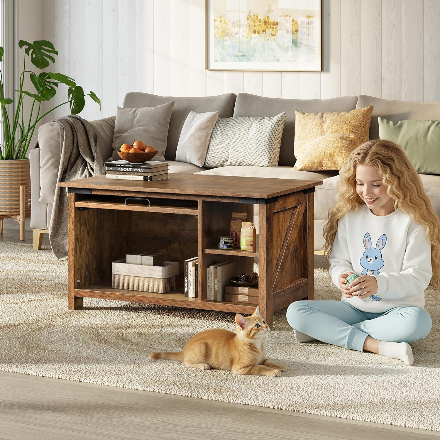 WLIVE Coffee Table with Storage, Modern Coffee Table with Flip-up Door, 2-in-1 Center Table Cat House Furniture for Living Room, Home, Rustic Brown