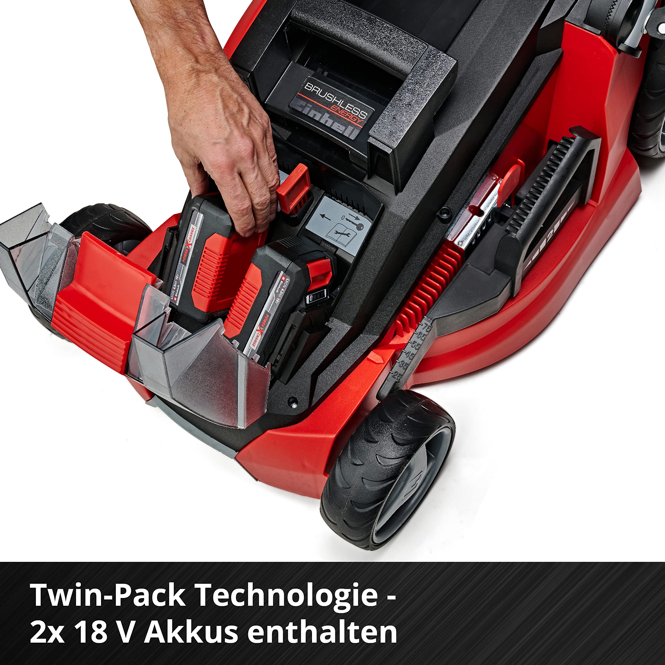 Einhell Akku-Rasenmäher GE-cm 43 Li M Kit Power X-Change (36V, 43 cm Schnittbreite, bis 600 m², Brushless, Mulch-Kit, 63L Fangkorb, 25-75 mm Schnitthöhe, inkl. 2X 4,0Ah + 2X Ladegerät)