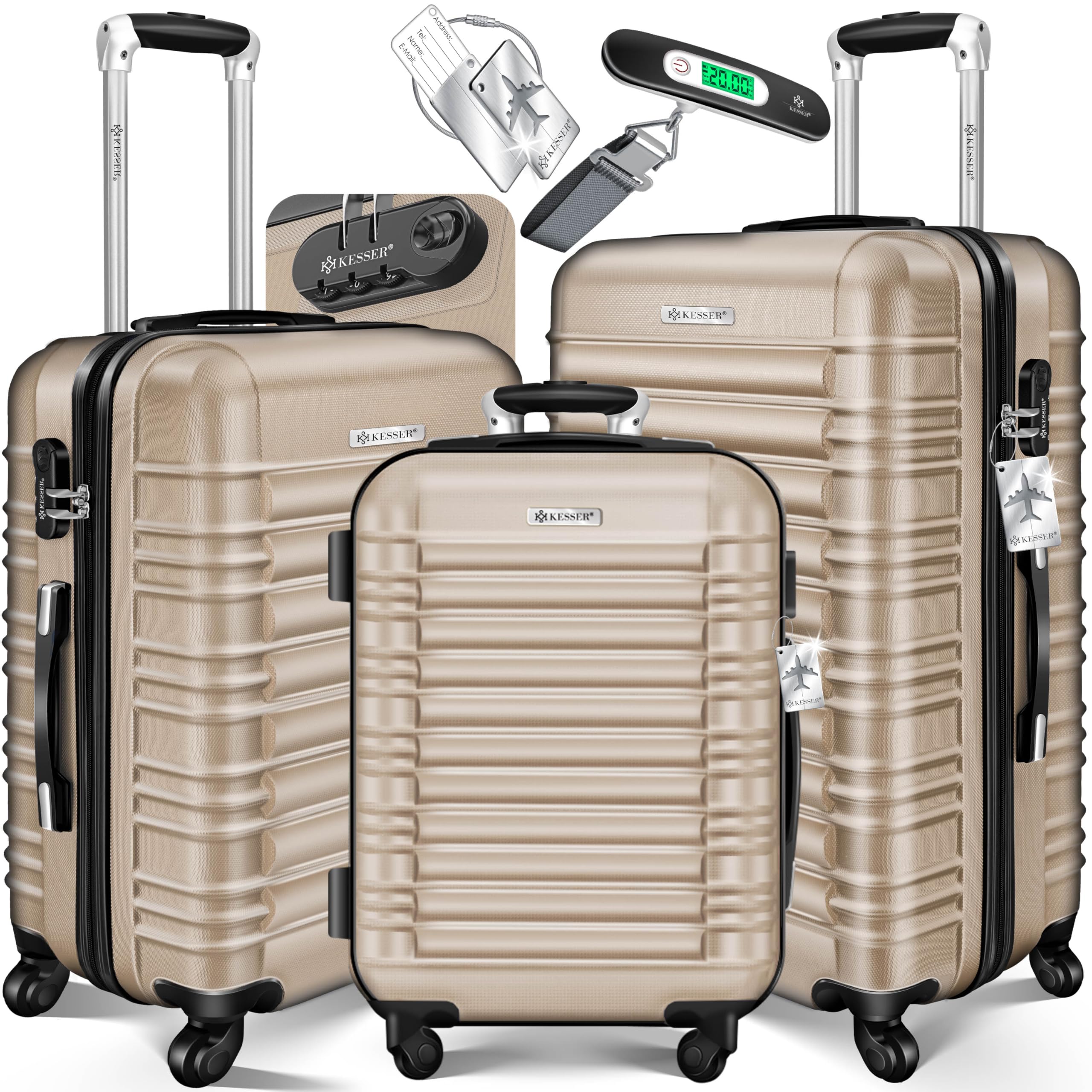 KESSER® 3tlg. Hartschalenkofferset Hartschalenkoffer Trolley Koffer Reisekoffer Reisekofferset Gepäck Rollkoffer Schloss 4 Rollen ABS-Hartschale Teleskopgriff inkl. Kofferwaage & 3X Anhänger M-L-XL