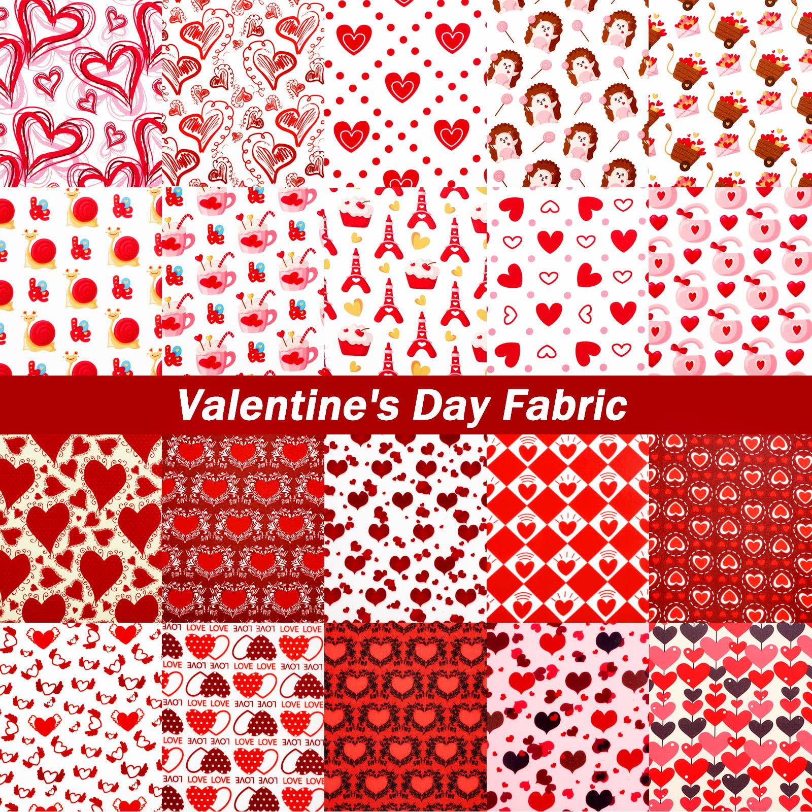 Breling 20 Pcs Valentine's Day Fabric Bundles Red Pink Heart Love Printed Fabric Fat Quarters Quilting Patchwork Heart Fabric for DIY Valentine Party Sewing Craft Decor, 20 Styles, 10 x 10 Inch