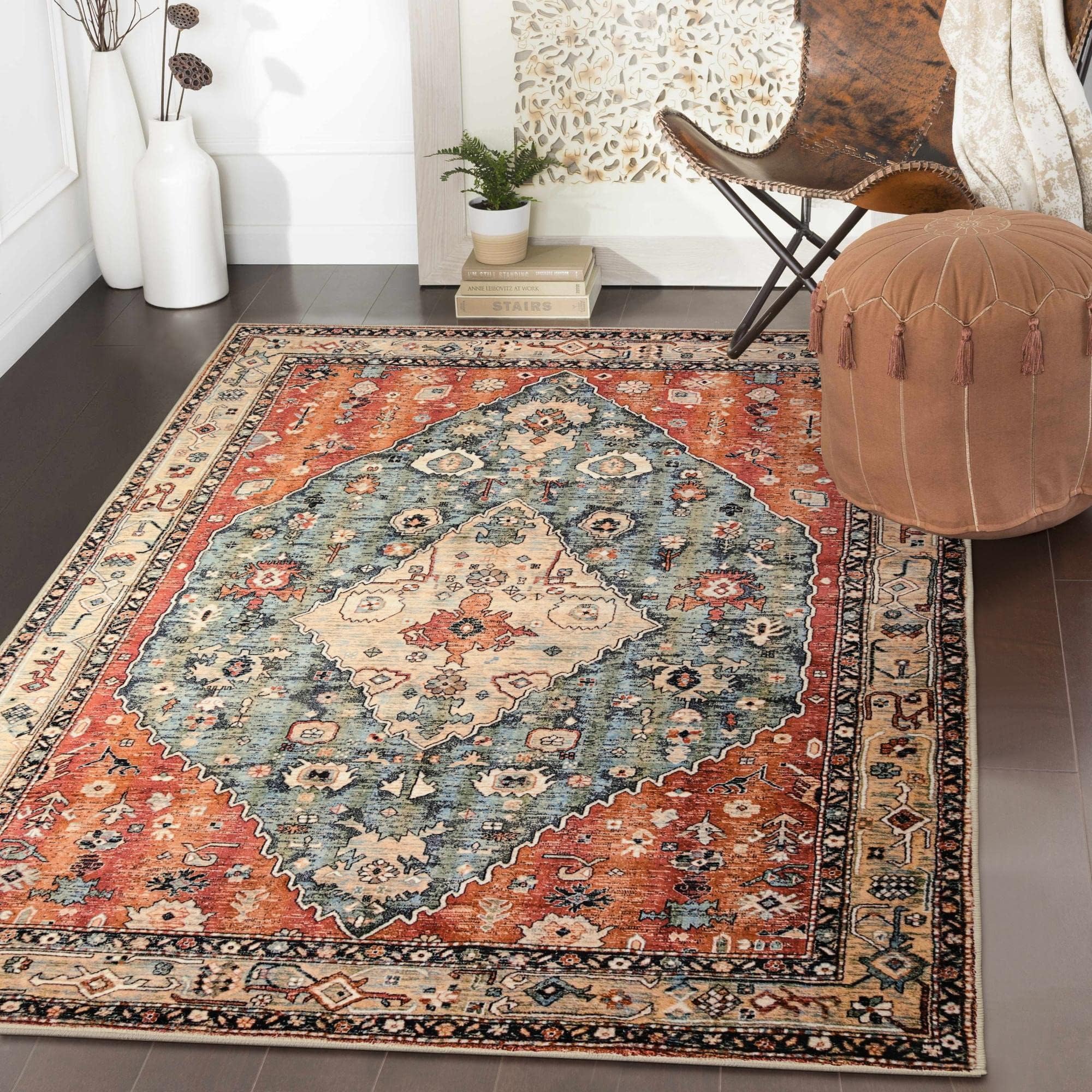 Boho Tribal Area Rug - 3x5 Distressed Entry Throw Rug Bohemian Faux Wool Indoor Accent Rug Non-Slip Washable Low-Pile Carpet for Entrance Living Room Bedroom Dining Table