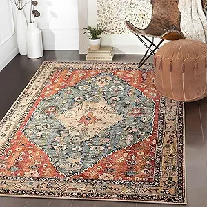 Lahome Boho Tribal Area Rug - 3x5 Persian Distressed Entry Throw Rug Bohemian Faux Wool Indoor Accent Rug Non-Slip Washable Low-Pile Carpet for Entrance Living Room Bedroom Dining Table