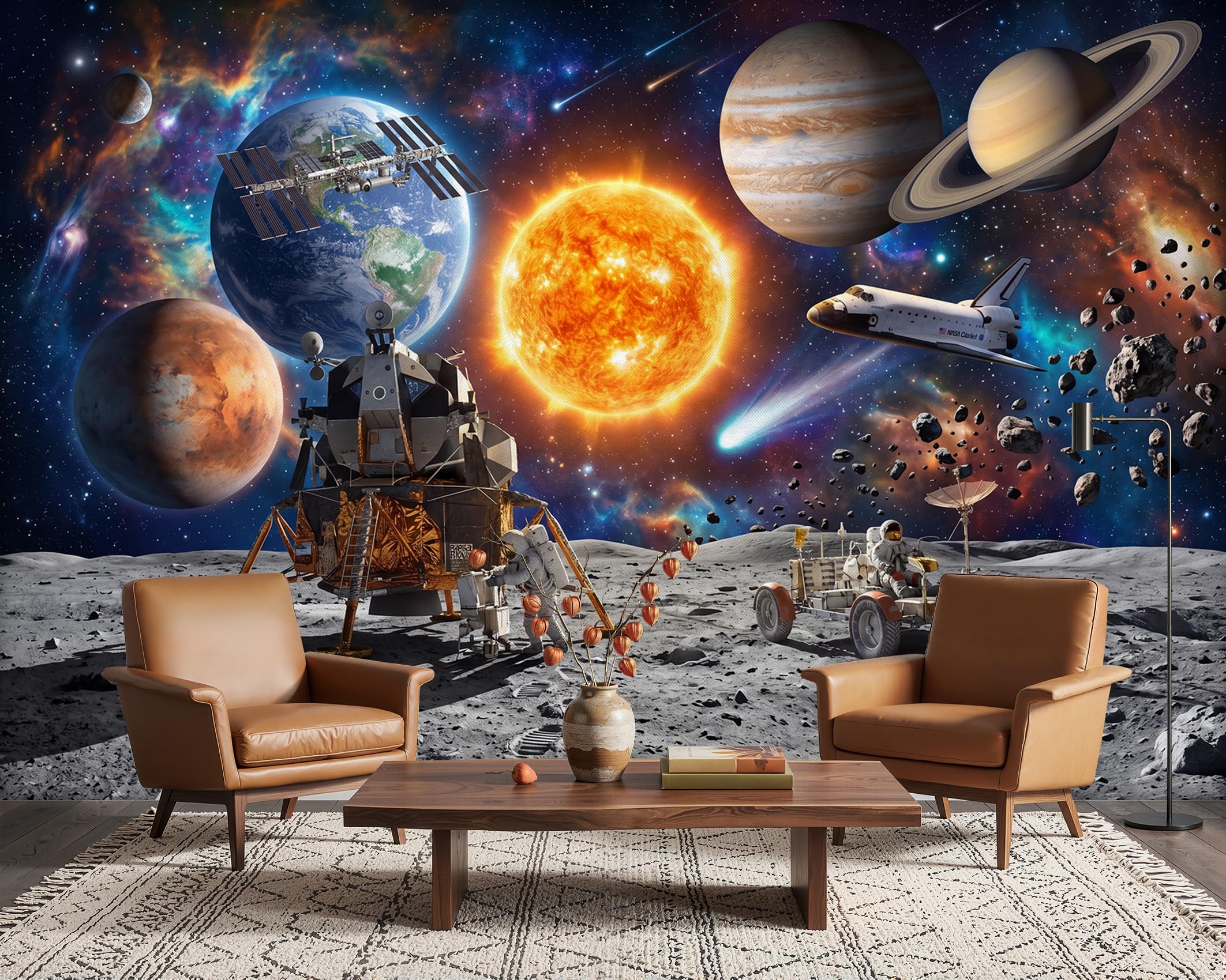 PaxGloz Astronaut Spaceship Wall Mural, 3D Space Planets Solar System Wallpaper for Living Room & Bedroom Kids Playroom, Non-Woven Decorative Wall Art 500x350 cm