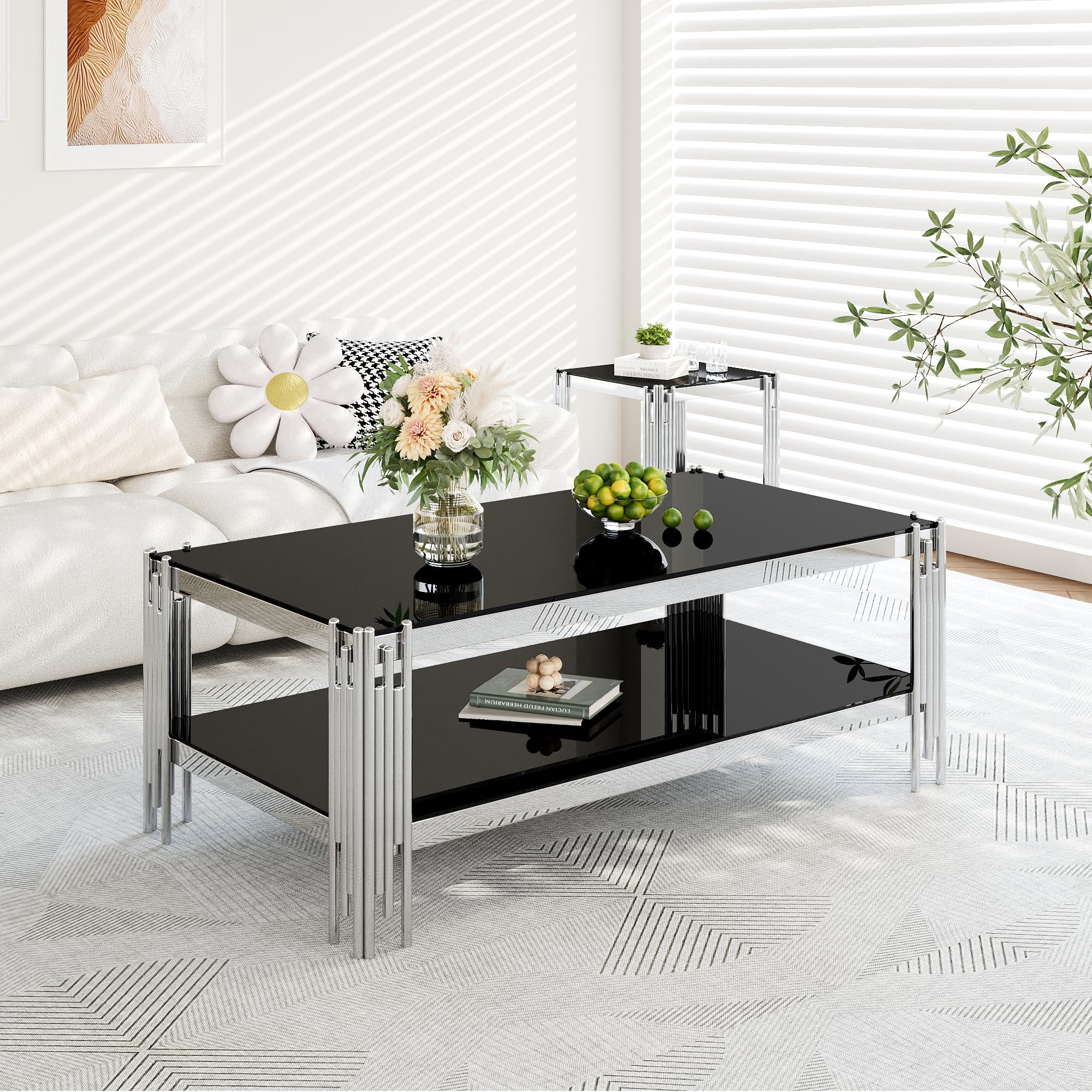 AF ARTISAN FURNITURE Luxury 48" Black Glass Coffee Table, 2-Tier Silver Stainless Steel Center Table with Storage for Modern Living Room or Office