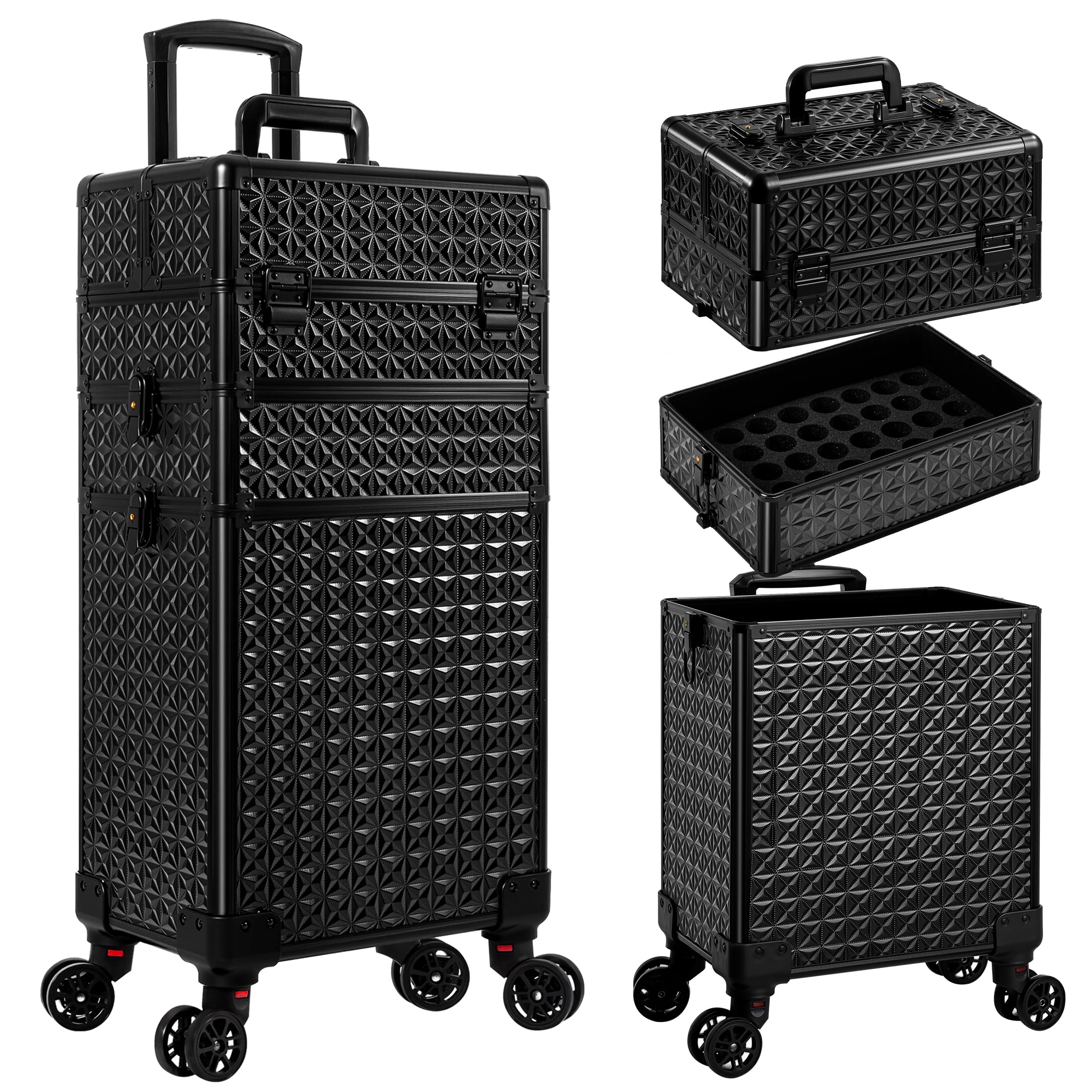 3 in 1 rolling makeup train case professional large cosmetic trolley cosmetology case on wheels traveling cart trunk for hairstylist artist nail beauty salon barber, black