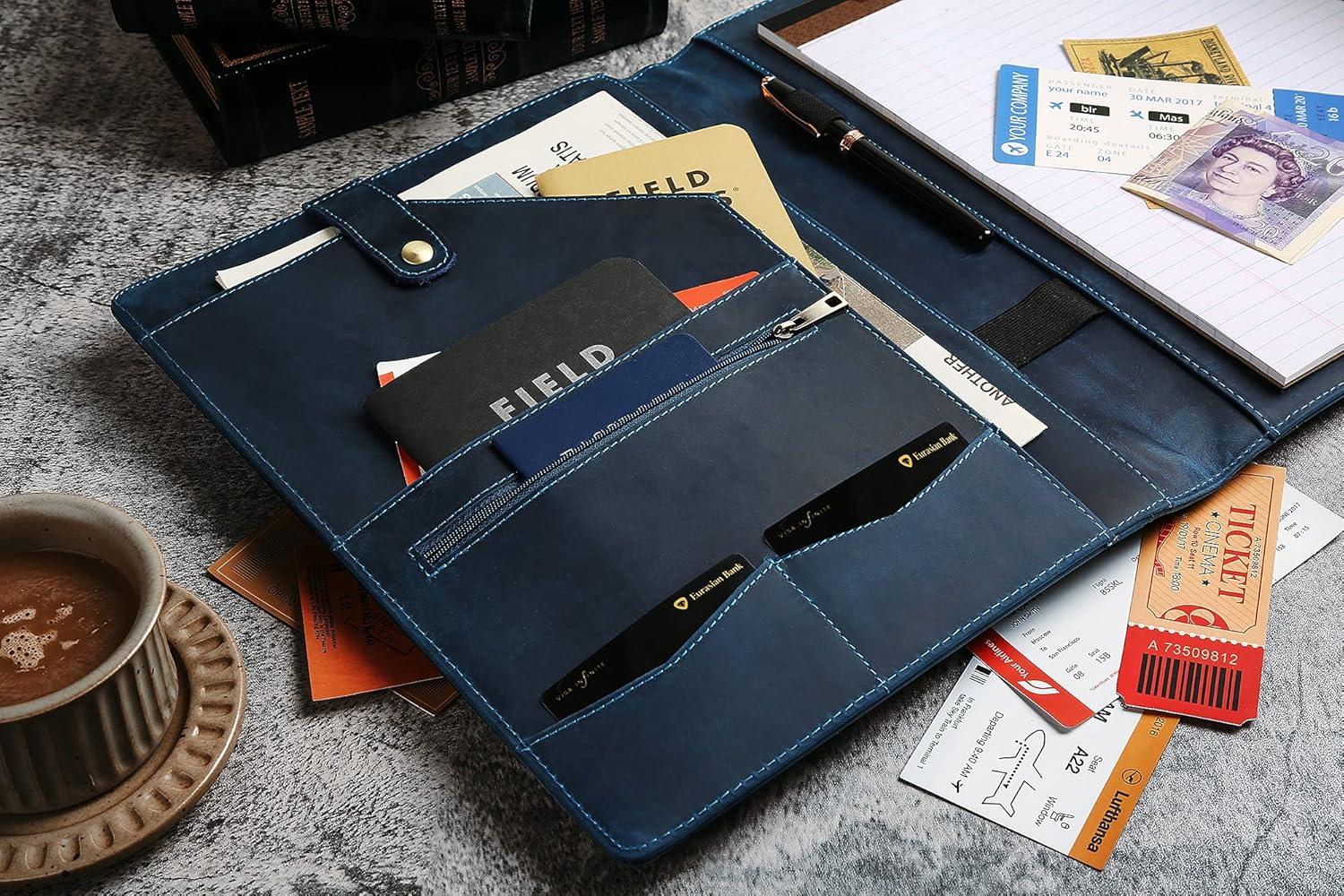 Personalized Leather Portfolio for Men, Engraved Leather Clipboard Portfolio Binder, Custom Resume Padfolio for Women, Christmas Gift for His/Her (Notepad, Blue-Custom)