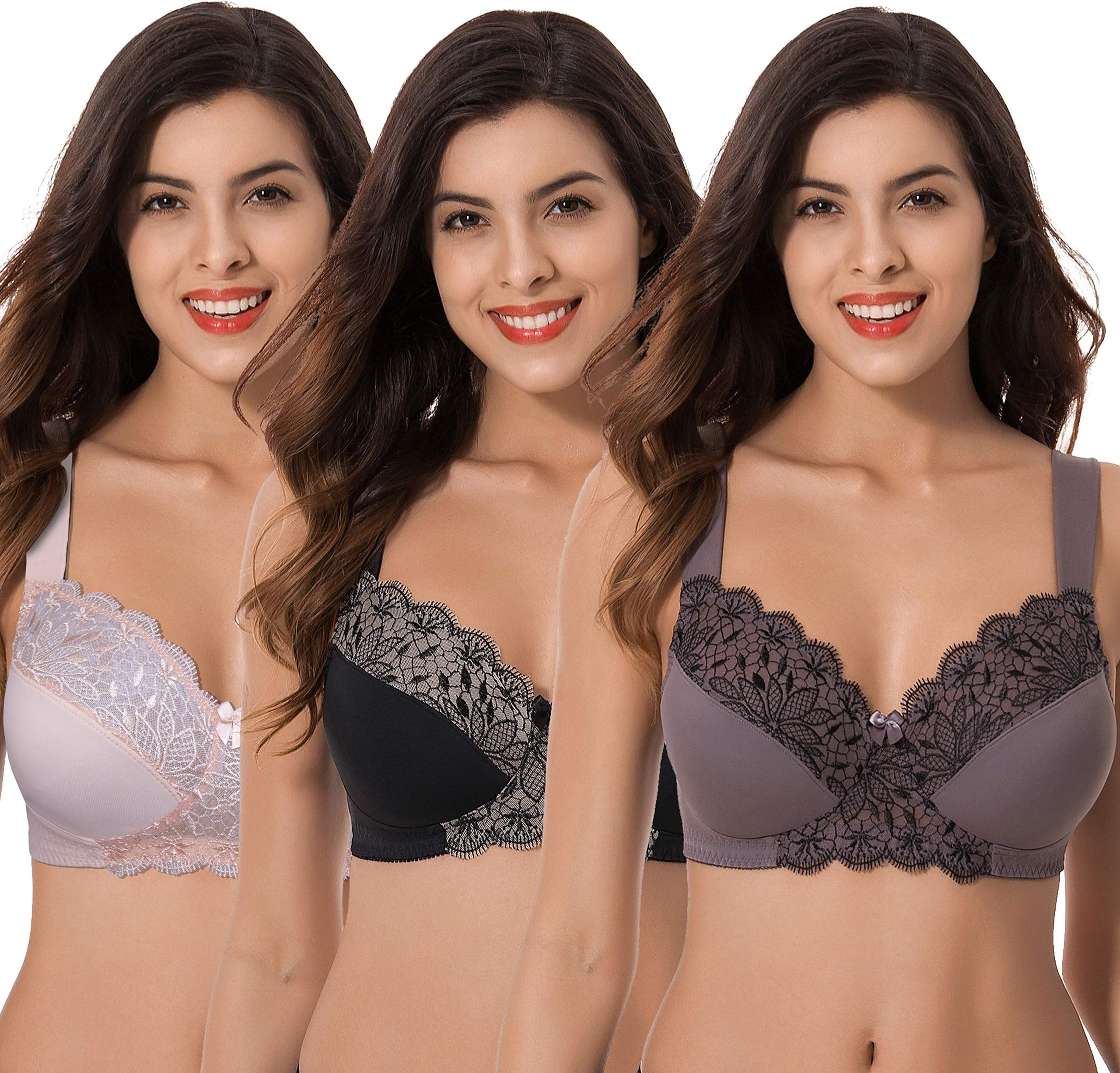 Plus Size Unlined Minimizer Wirefree Bras with Embroidery Lace-3Pack