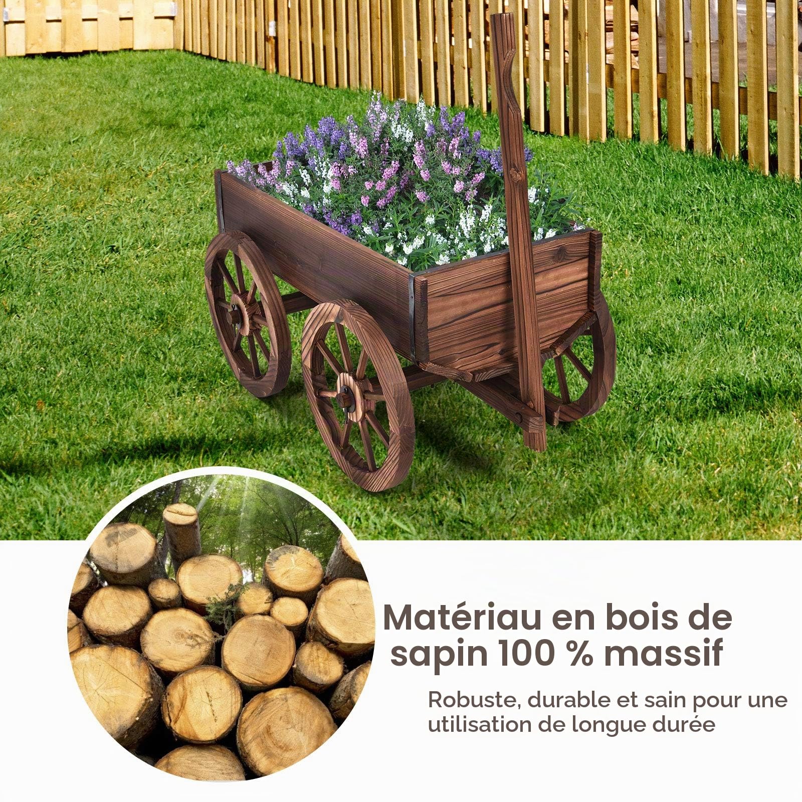 GIANTEX Brouette Fleurs en Bois de Sapin, Jardiniere Brouette avec 4 Grands Roues, Longue Poignée Réglable, Idéal pour Jardinage Extérieur, 75 x 43 x 54 cm, Marron