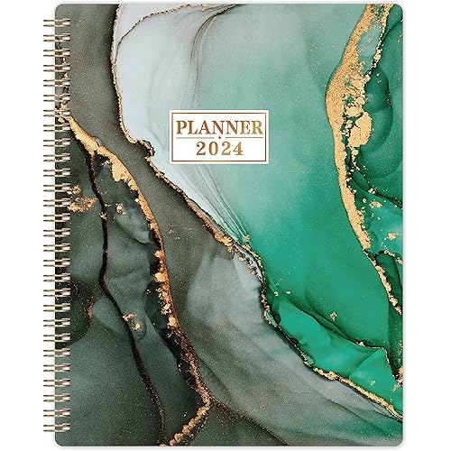 Planner 2024 - Planner/Calendar 2024, Jan.2024 - Dec.2024, 2024 Planner Weekly & Monthly with Tabs, 8" x 10", Flexible Cover + Twin-Wire Binding + Calendars, Daily Organizer - Black-Green Gilding