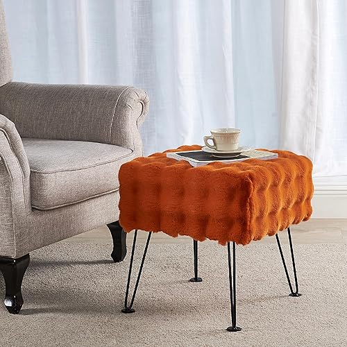 Miniatura 9 de Asiento otomano cuadrado naranja suave y mullido de piel sintética, asiento de entrada, 17 x 17 x 17 pulgadas, mesa auxiliar resistente para sala de