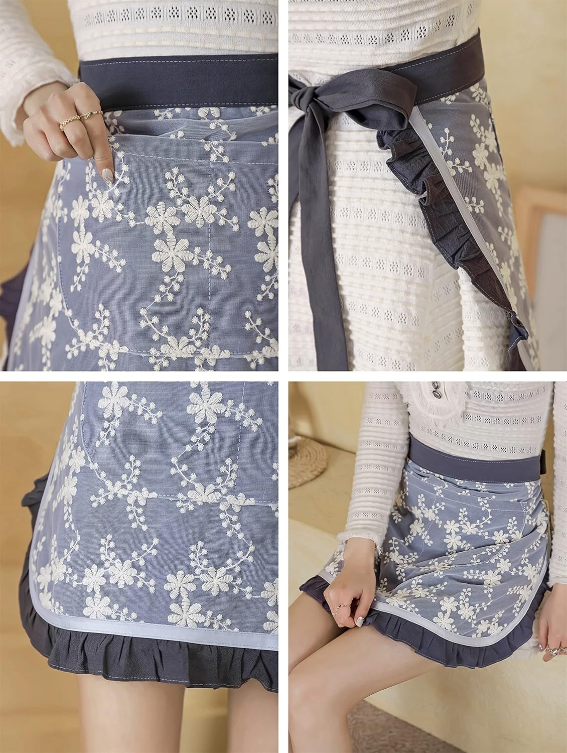 Unisex Chef Aprons White Retro Cotton Maid Short 2 Pockets Waist Waiter Waitress Half Apron - Image 5