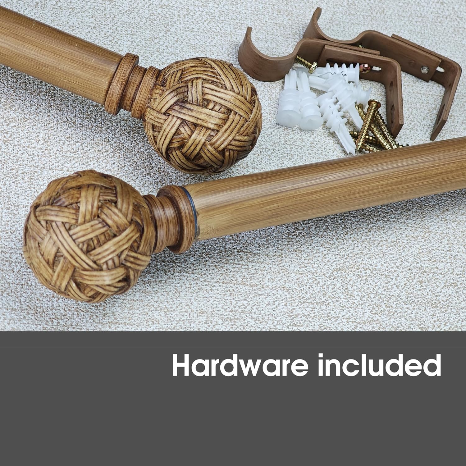 Faux Wood Style Curtain Rod Set with Faux Rattan Look Finial, 72-144 inch, Standard Single Drapery Rod for 1 Pack, 1 inch diameter, Adjustable Length