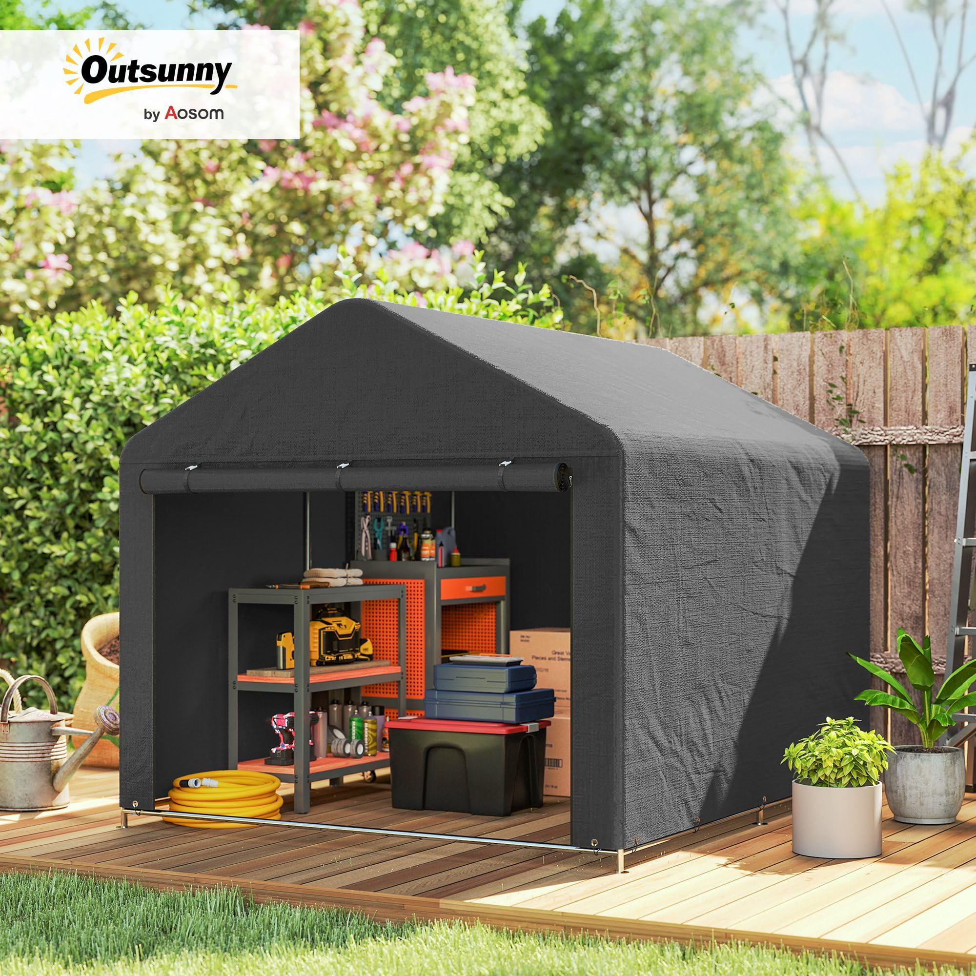 Outsunny 6.6x7.8ft Cobertizo jardín Impermeable Gris Oscuro | Tienda bici, puerta enrollable cremallera, marco metal galvanizado, cobertizo portátil para moto, herramientas