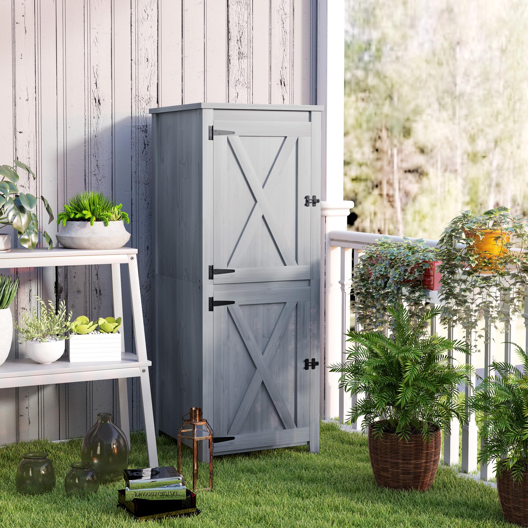 Outsunny Gartenschrank Holz Wetterfest Geräteschrank 60x60x160cm Hellgrau | Geräteschuppen, Gartenschuppen mit Ablagen, Doppeltür, Abschließbar, Gerätehaus Werkzeugschrank, Draußen Schrank