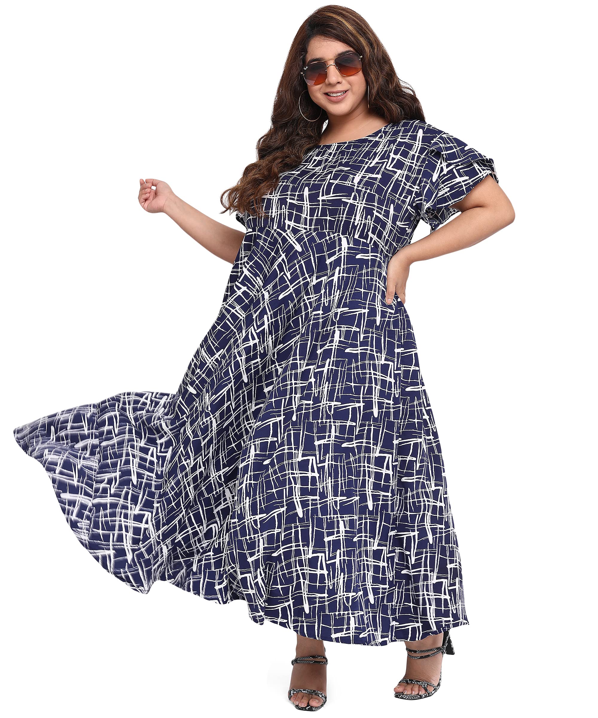 Oomph! Women's Western & Fusion Wear Crepe A-Line Maxi Plus Size Dress - Navy Blue - Od239_4Xl