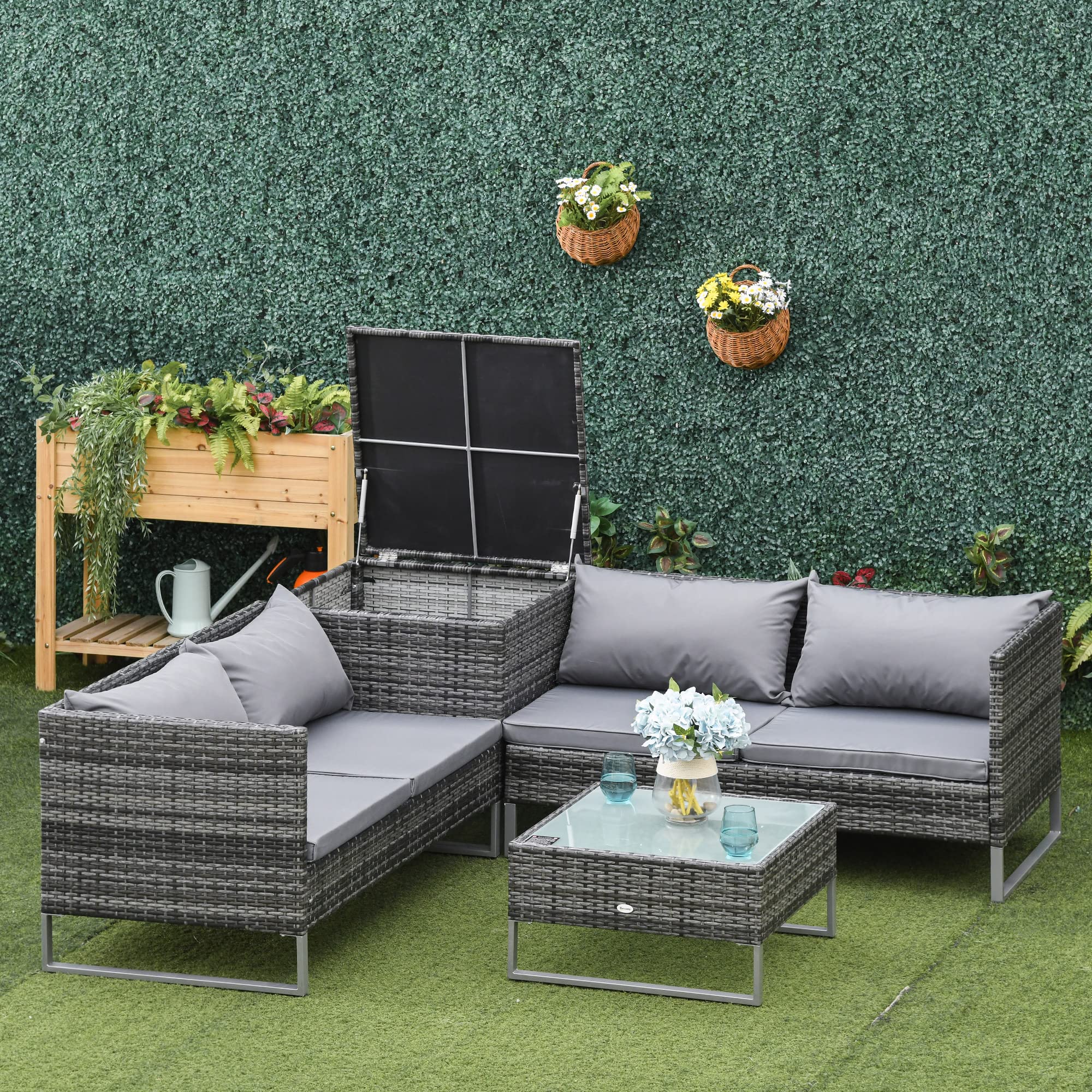 Outsunny Conjunto de Muebles de Jardín de Ratán 4 Piezas 132x69x64 cm Gris | 2 Sofás Dobles, Mesa de Centro, Mesa con Arcón, Cojines Extraíbles, Terraza Patio Exterior, Kit Sofá2 Plazas