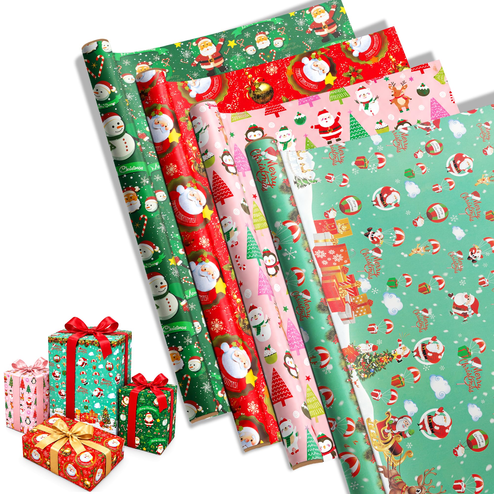4 x 7m Cute Christmas Wrapping Paper Rolls, Gift Wrap for Xmas by AXXTAN