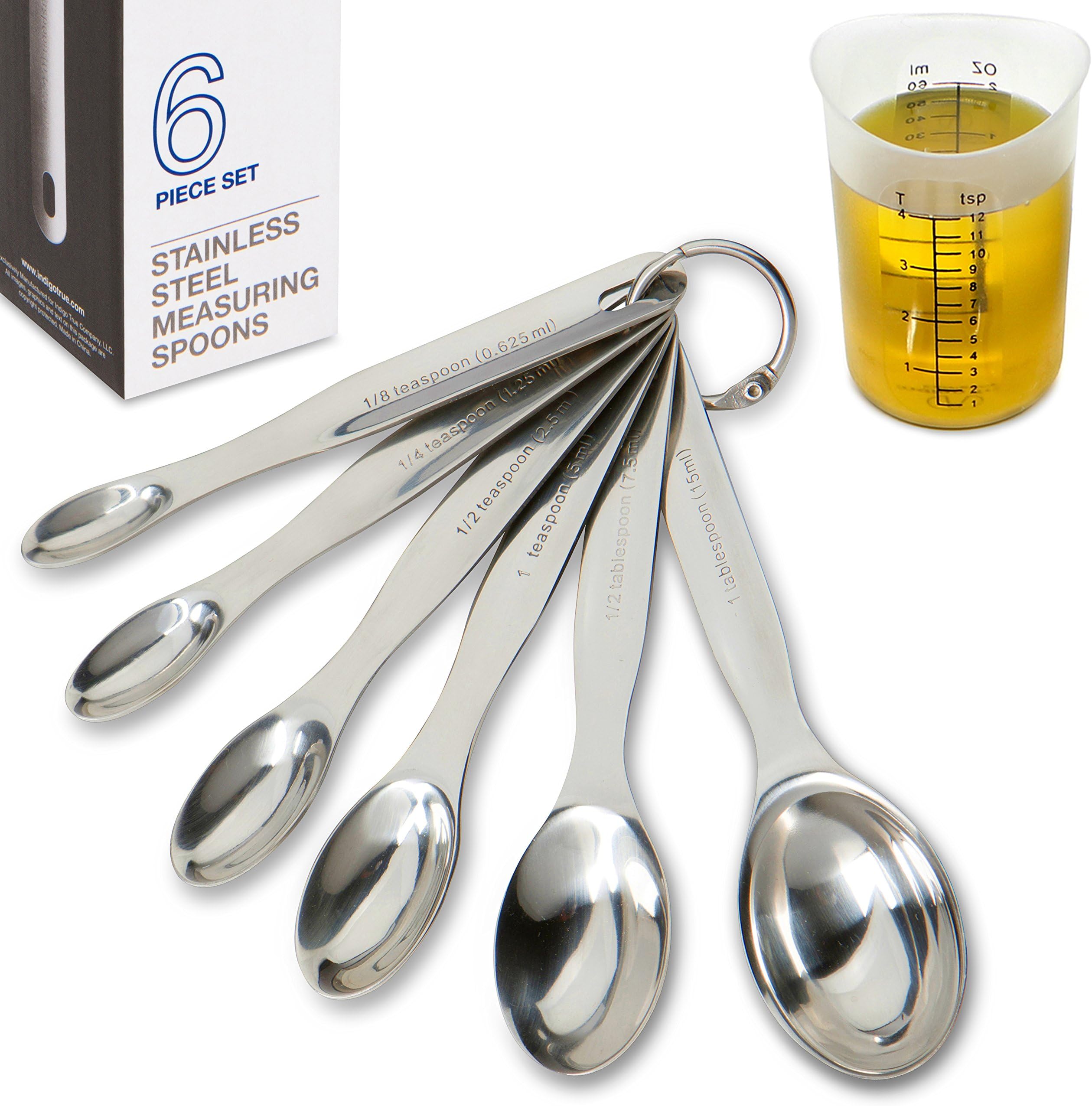Stainless Steel Measuring Spoons Stackable - 6 pcs with FREE Flexible Mini Silicone Measuring Cup