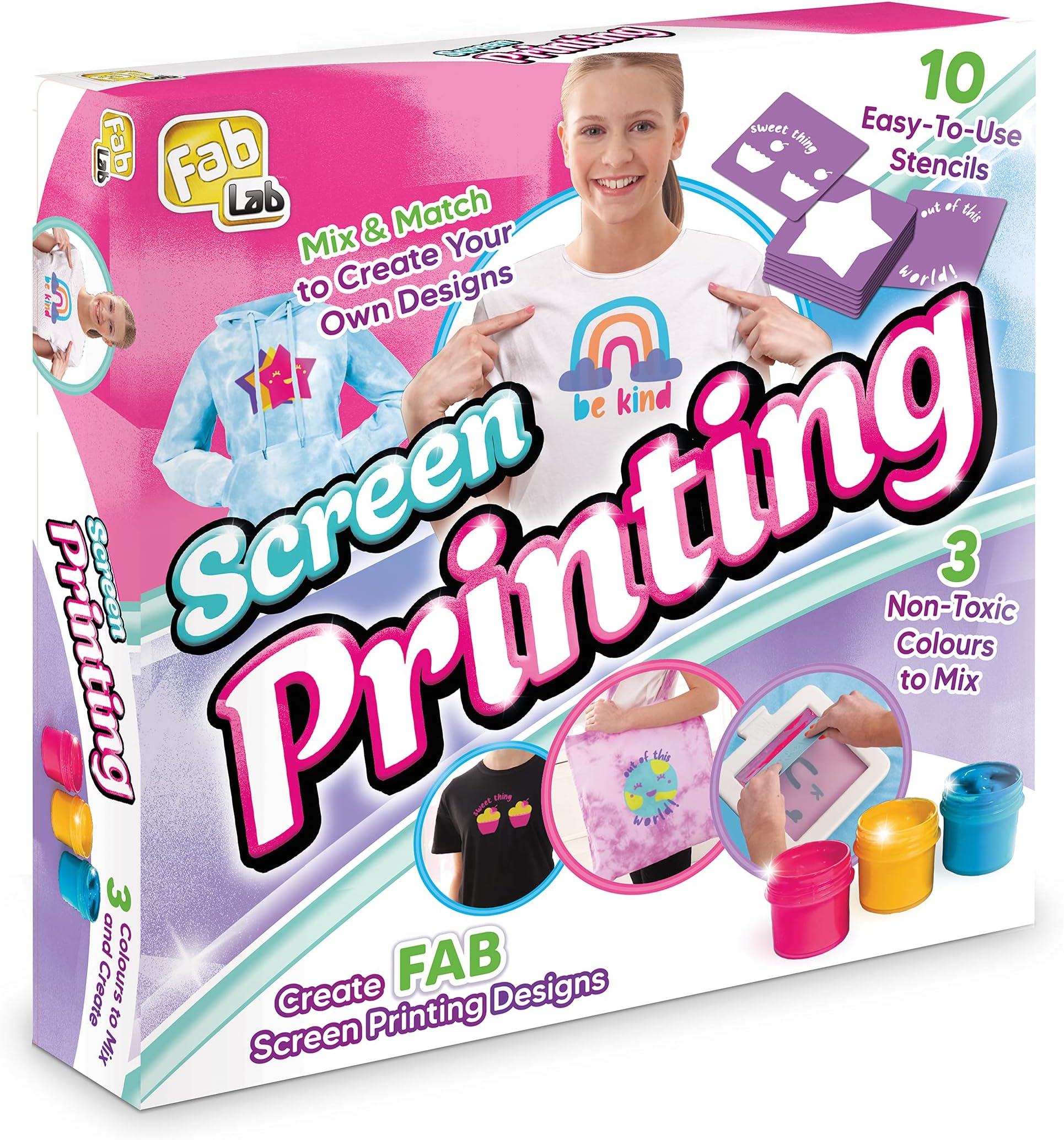 FabLabFL205 Screen Printing Design Your Own Clothes Kit Toy, 3 Colours, for ages 8+