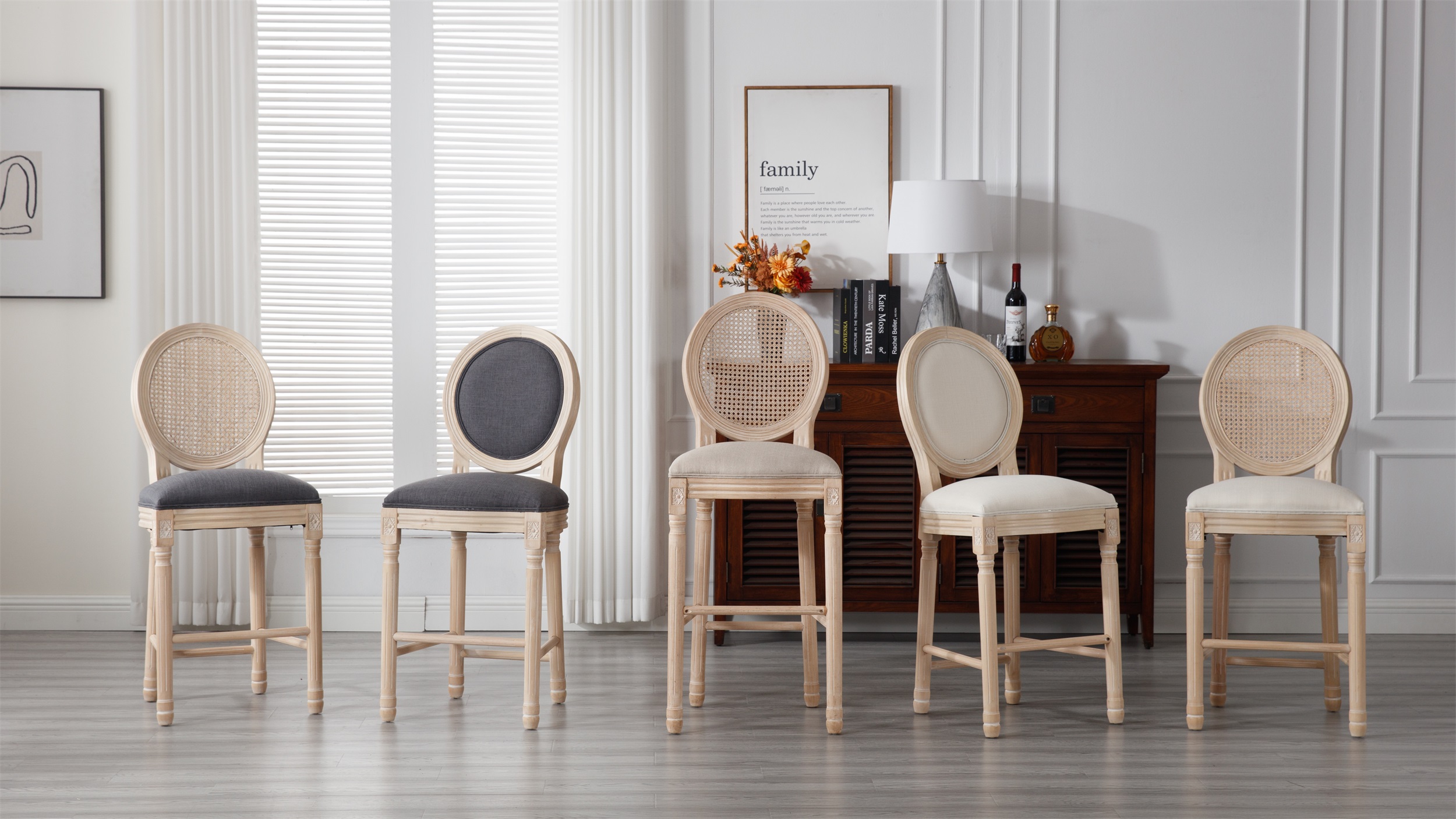 Butacos de estilo francés, juego de 4, altura 26 pulgadas, estructura de madera maciza y asiento tapizado en lino, diseño rústico y elegante, ideal para isla de cocina o comedor (Beige) miniatura 7