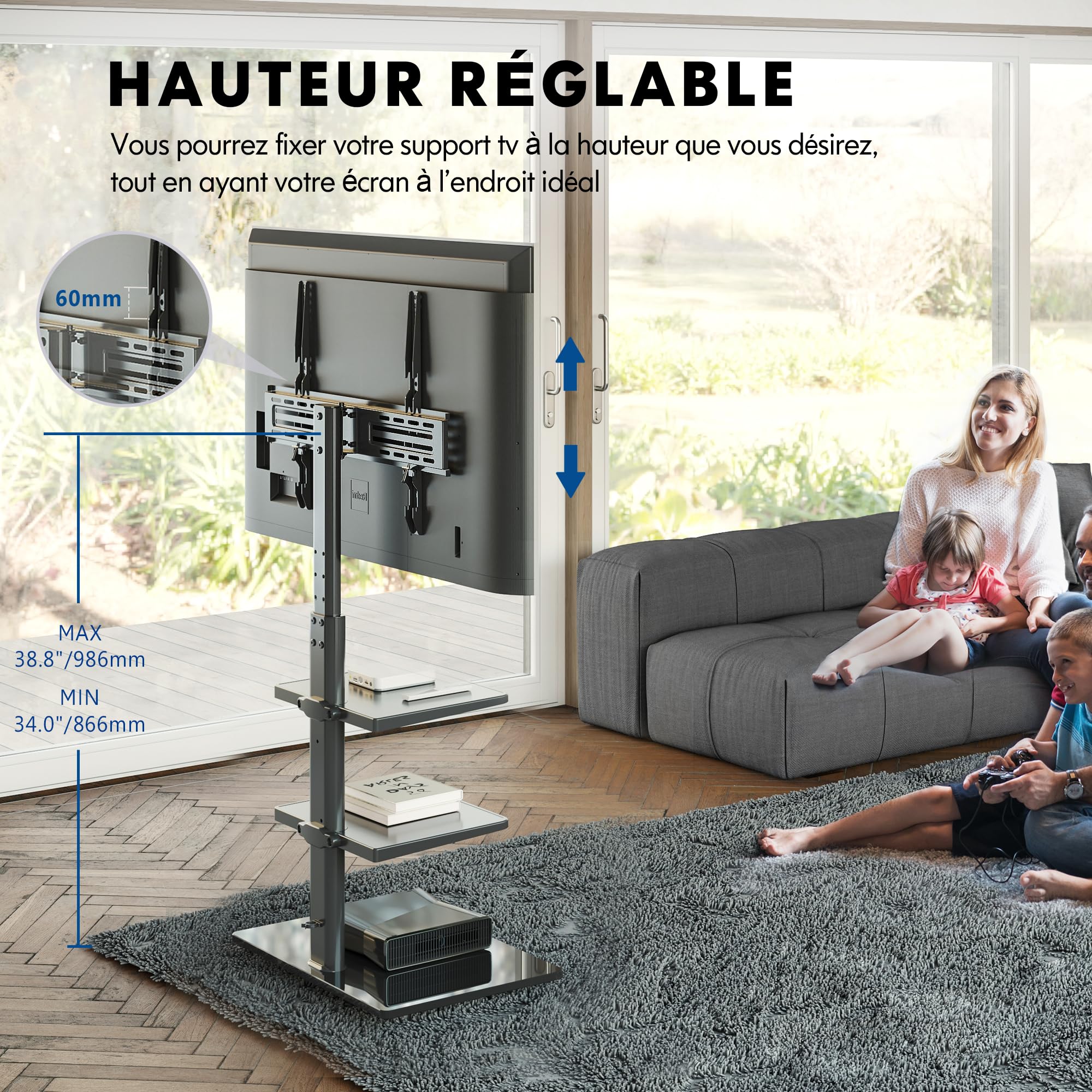 FITUEYES Support TV sur Pied, 2 Étagères, 32-60 Pouces, VESA 600 x 400 mm | Pied TV, pour Salon, Chambre et Bureau, Hauteur Réglable, Charge Maximale 30 kg, Gestion des Câbles, Noir
