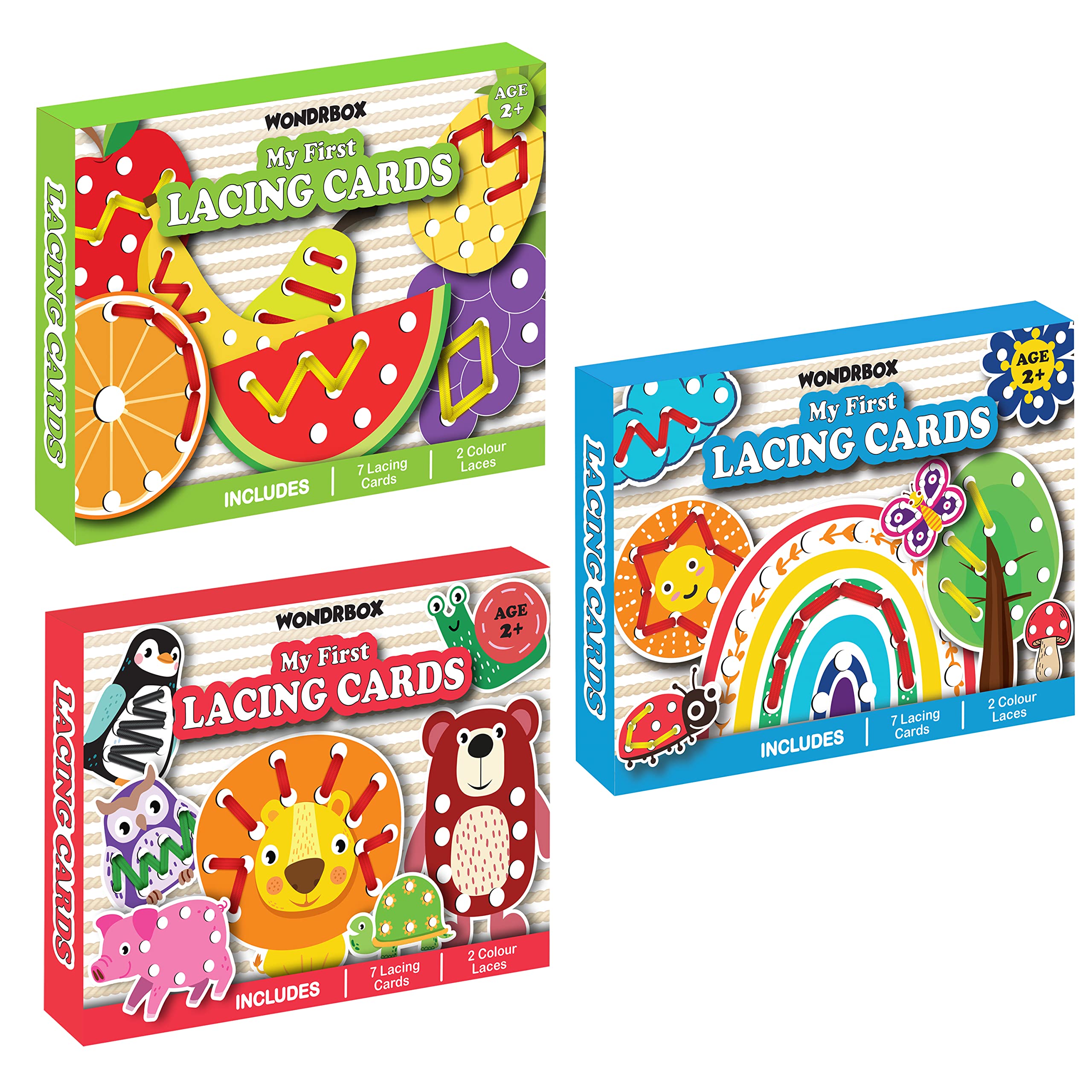 WONDRBOX Lacing Activity for Kids | Includes 7 Big Cardboard Cutouts and 2 Laces | Montessori Educational Toys Gifts for Kids Age 2 3 4 - Multi Color (Lacing Set of 3) (B0BWTVT46T) Amazon Price History, Amazon Price Tracker