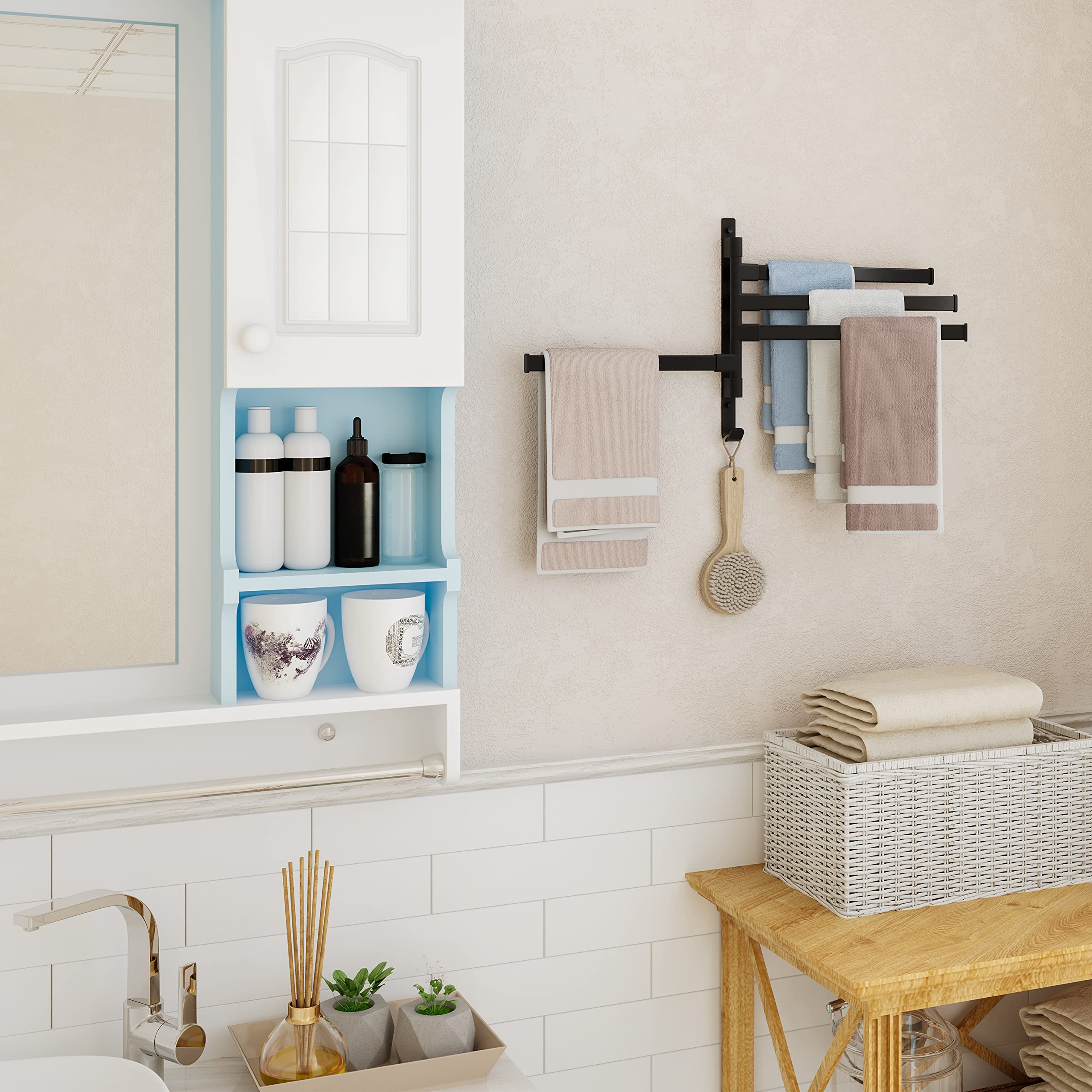 Toallero giratorio, toallero montado en la pared para baño, toallero de 4 brazos con gancho, toallero de ahorro de espacio para baño 4