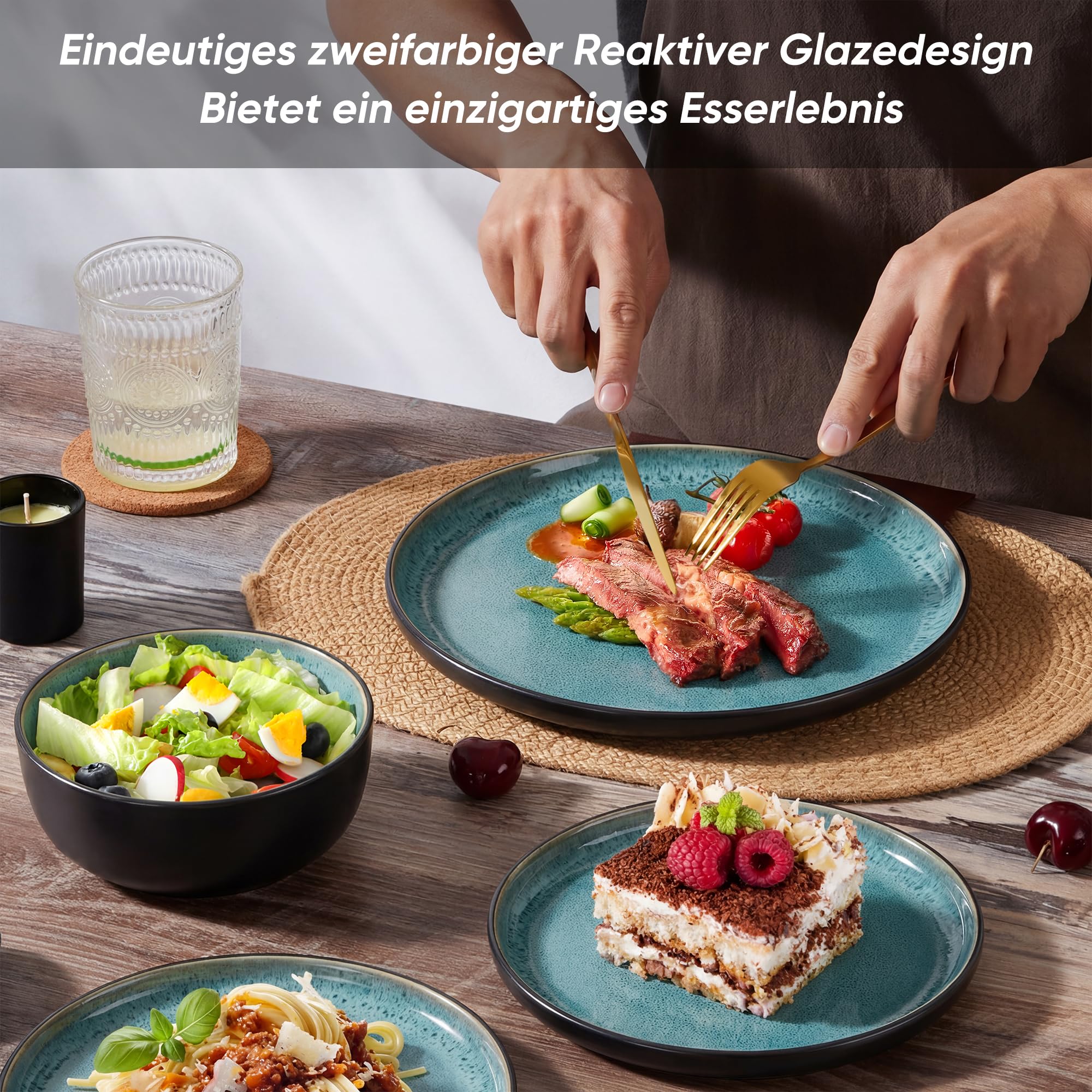 HaWare Geschirrset 6 Personen, 18-tlg Steingut Teller Set Reaktive Glasur Tafelservice, Mikrowellen- und Spülmaschinenfest, Türkis