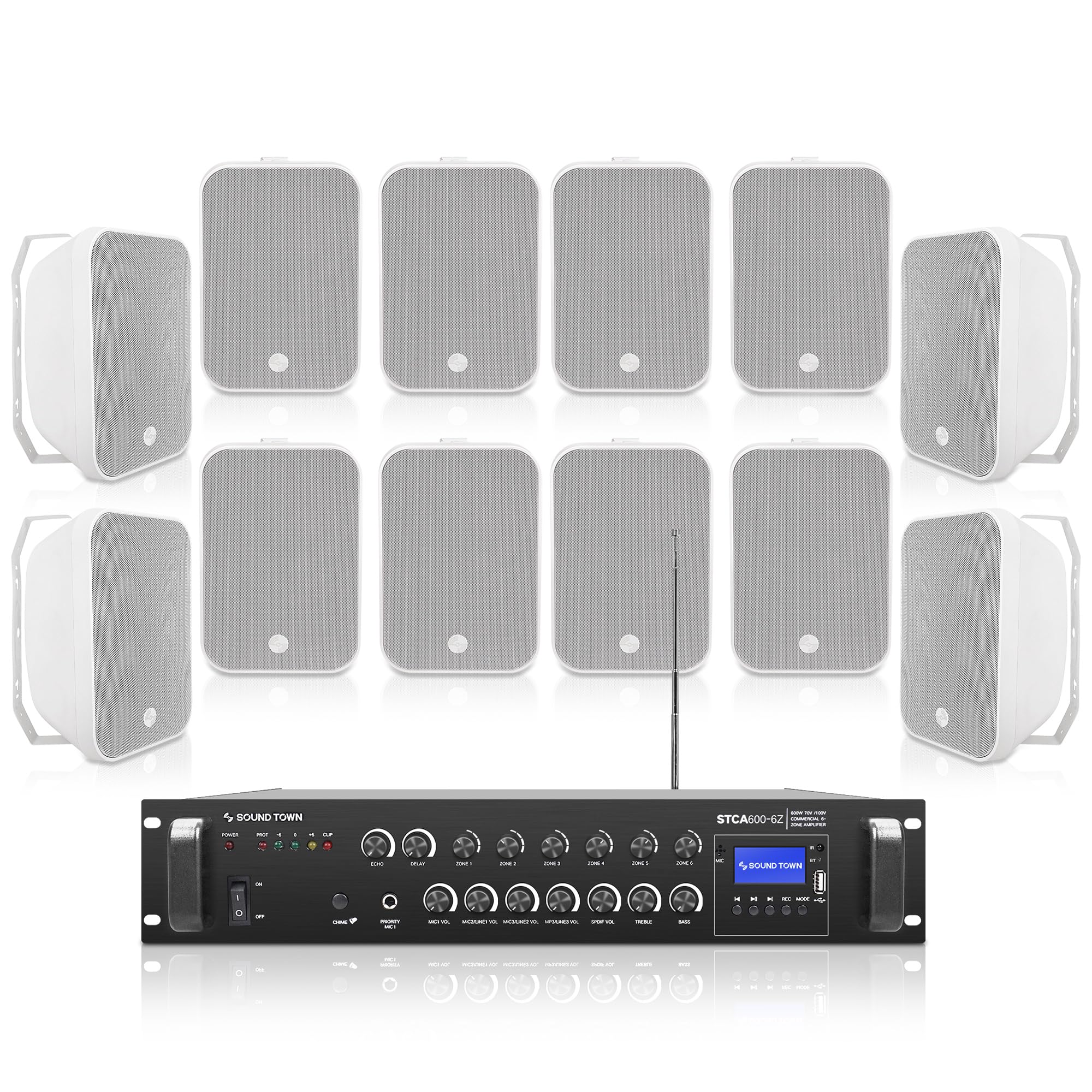 Sound Town Commercial Restaurant Bluetooth Amplifier + Surface-Mount Speaker Set, with One 6-Zone 70V/100V Amplifier with Bluetooth, 12 x 6.5-Inch Surface-Mount Speakers, White (STCA600X12MS6W)