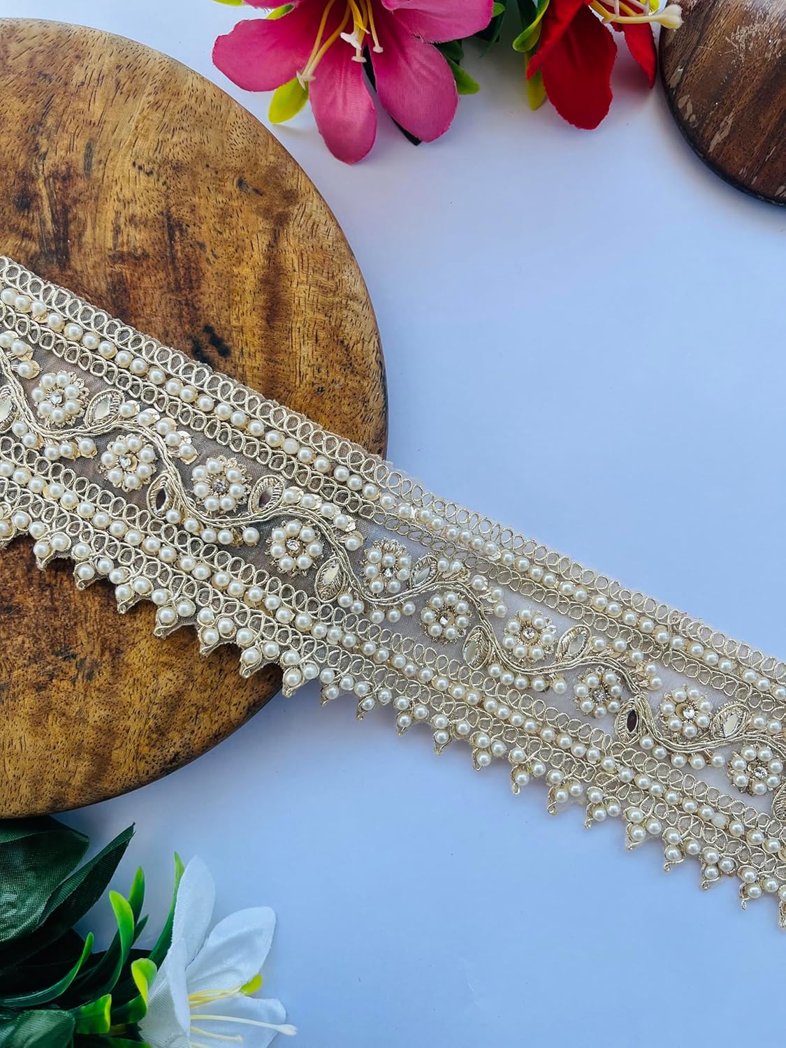 Mirror Pearl Zircon Flower Trim – 2.5 Inch Wide Decorative Border for Sarees, Dresses, Dupattas, Crafts | Handmade Lace | Available in 1, 3, 6 Yard (6)
