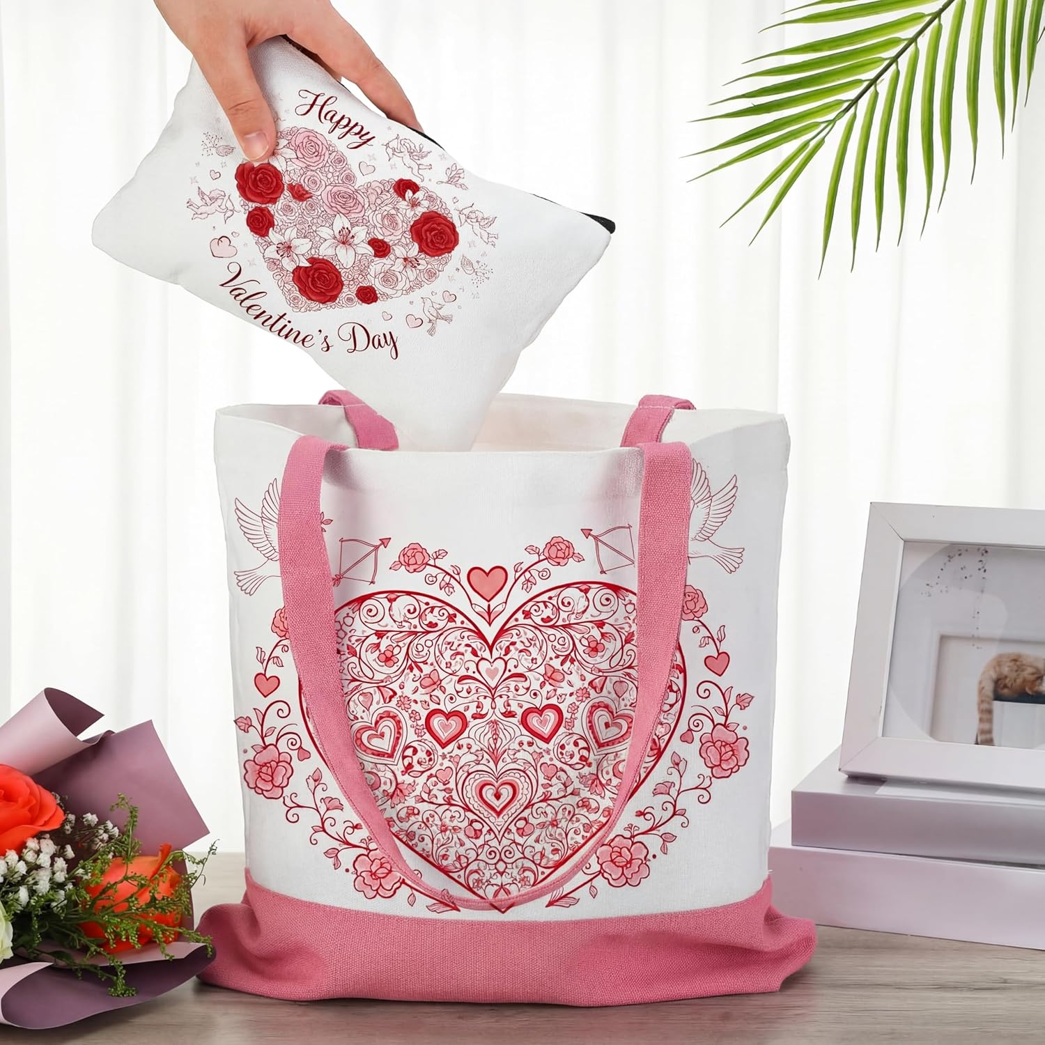 Moukeren 24 Pcs Canvas Tote Bag Bulk with Makeup Bag 13 x 15 Inches Medium 10 oz Lightweight Reusable Grocery Shopping Tote for DIY Sublimation Blank Galentine Valentine's Day Craft Gift Market(Patch) - Image 2