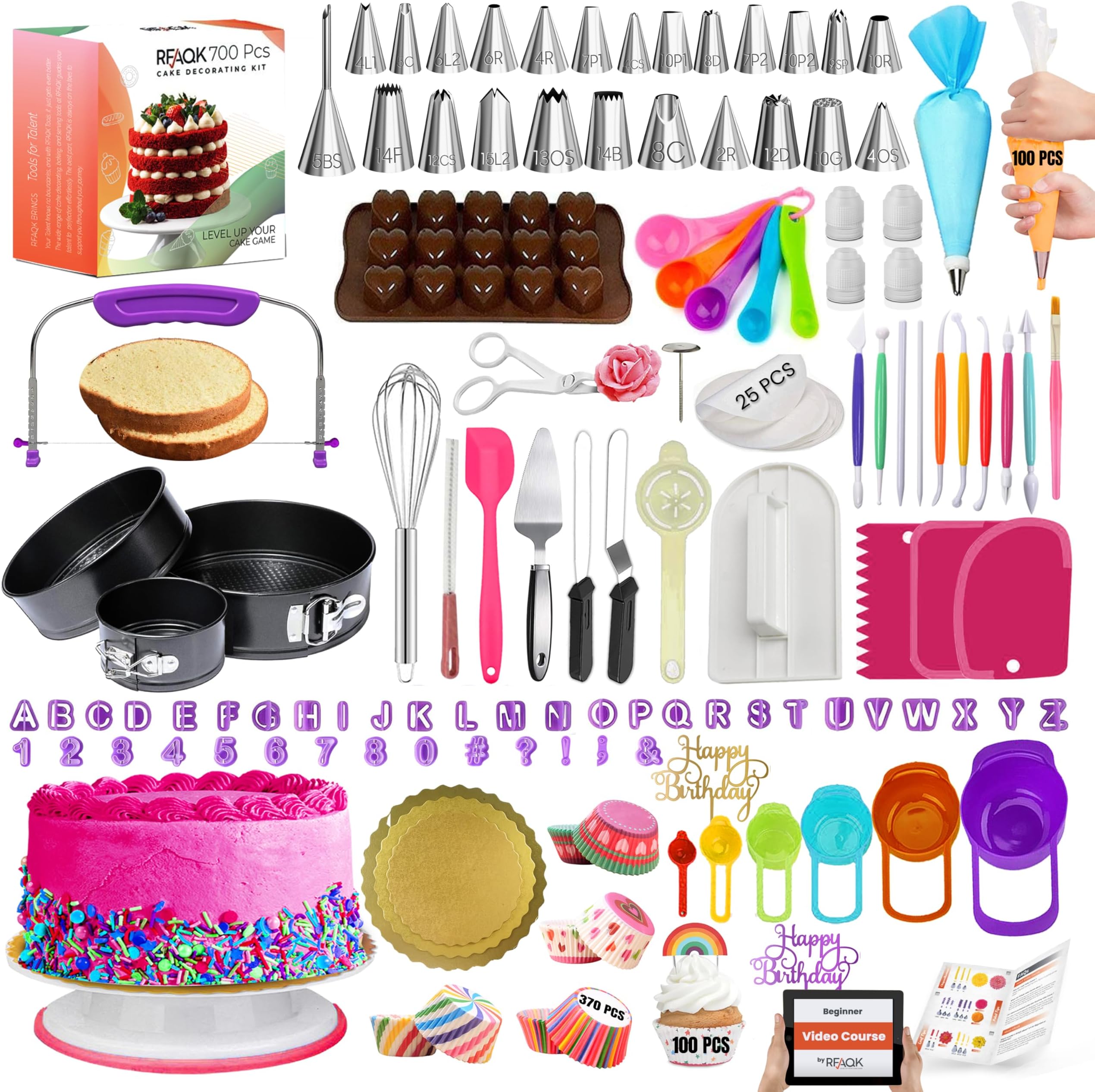 RFAQK 700PCs Cake Decorating Kit with Baking Supplies - Cake Decoration Set with Springform Pans, Cake Leveler, Turntable Stand, Numbered Piping Tips, Icing Spatulas, Fondant Tools & much more