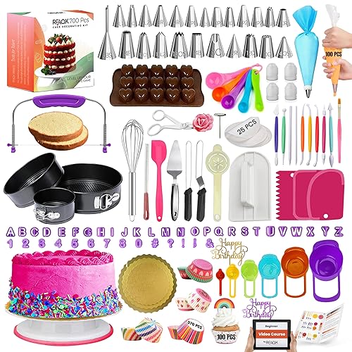 RFAQK 700PCs Cake Decorating Kit with Baking Supplies - Cake Turntable for Decorating with Baking Pans, Leveler, 24 Numbered Piping Tips, 2 Spatulas, Fondant Tools, Video Course, Pattern Chart & More