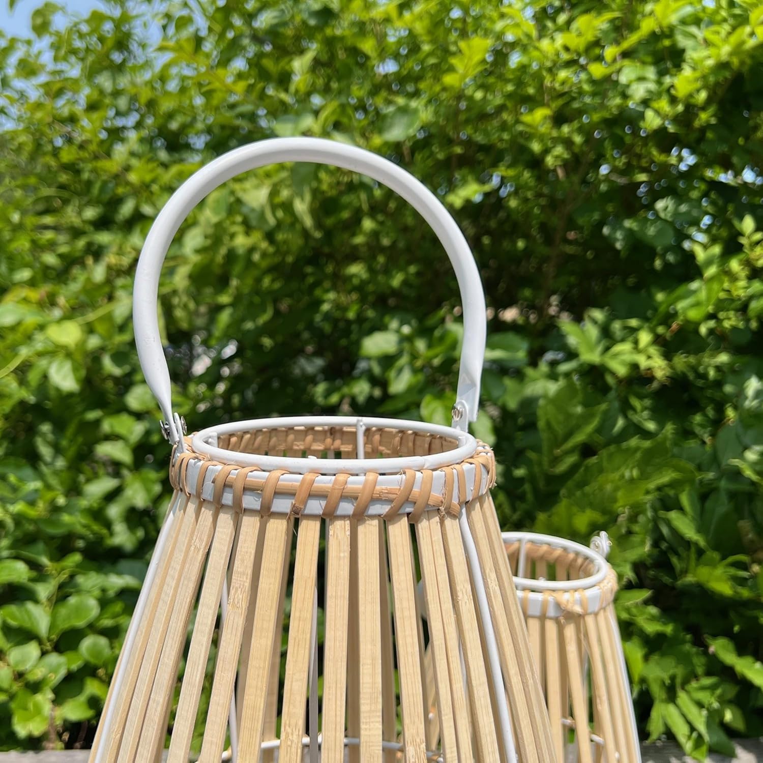 WHW Whole House Worlds Key West Bamboo Hurricane Lanterns, Set of 2, White Metal Frame, Loop Handle, Floating Glass Insert, 9 3/4 D x 17 1/4 T, and 7 D x 12 1/4 T Inches, Modern Tropical Design