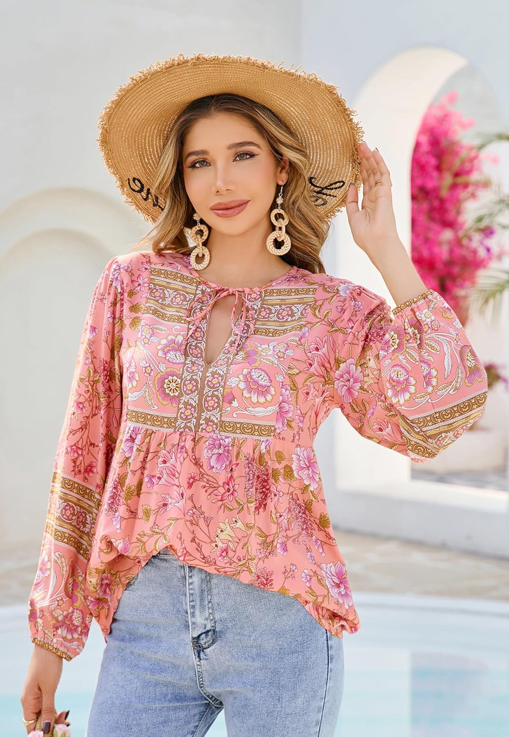 R.Vivimos Summer Boho Tops for Women 2026 Long Sleeve V Neck Floral Print Casual Loose Tunic Blouses Shirts - Image 3