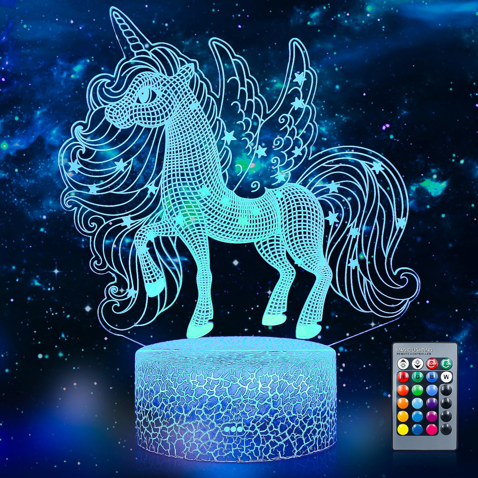 Unicorns 3D Illusion Lamp LED Night Light, USB Powered 16 Colours Flashing Remote Control Switch Bedroom Decoration Lighting Night Light Kids Adults for Boys Girls Birthday, Christmas, Festival Gifts