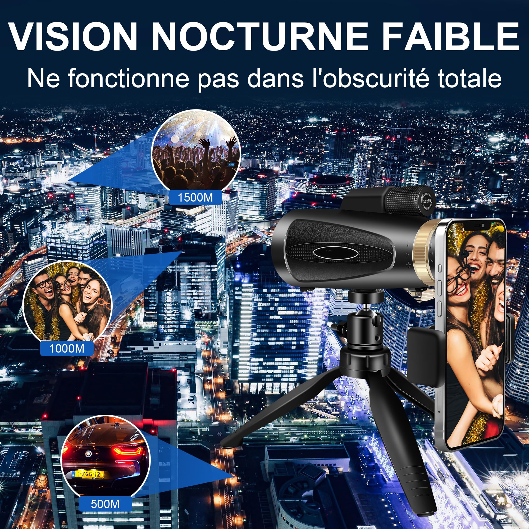 Telescope Monoculaire 30X60 Télescope Monoculaires Longue vue tir sportif Puissante Telescope Monocular avec Trepied Compact Professionnel Zoom Optique pour Smartphone Adultes Observation des oiseaux