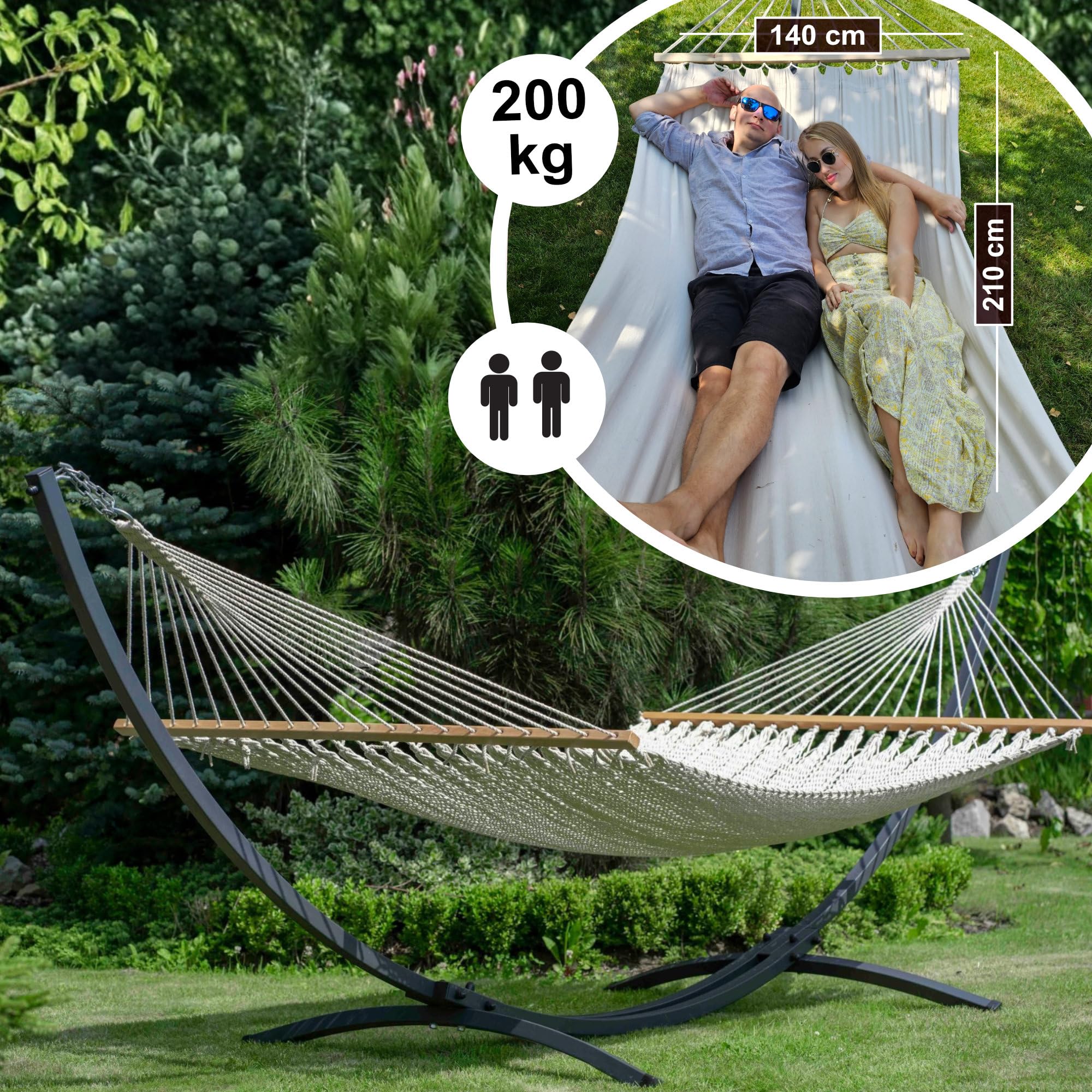 Potenza Outdoor Hängematte Netzhängematte Schnur-Hängematte 210x140 cm, Stabhängematte Belastbarkeit bis 200 kg I Barbados Boho (Ecru) 
