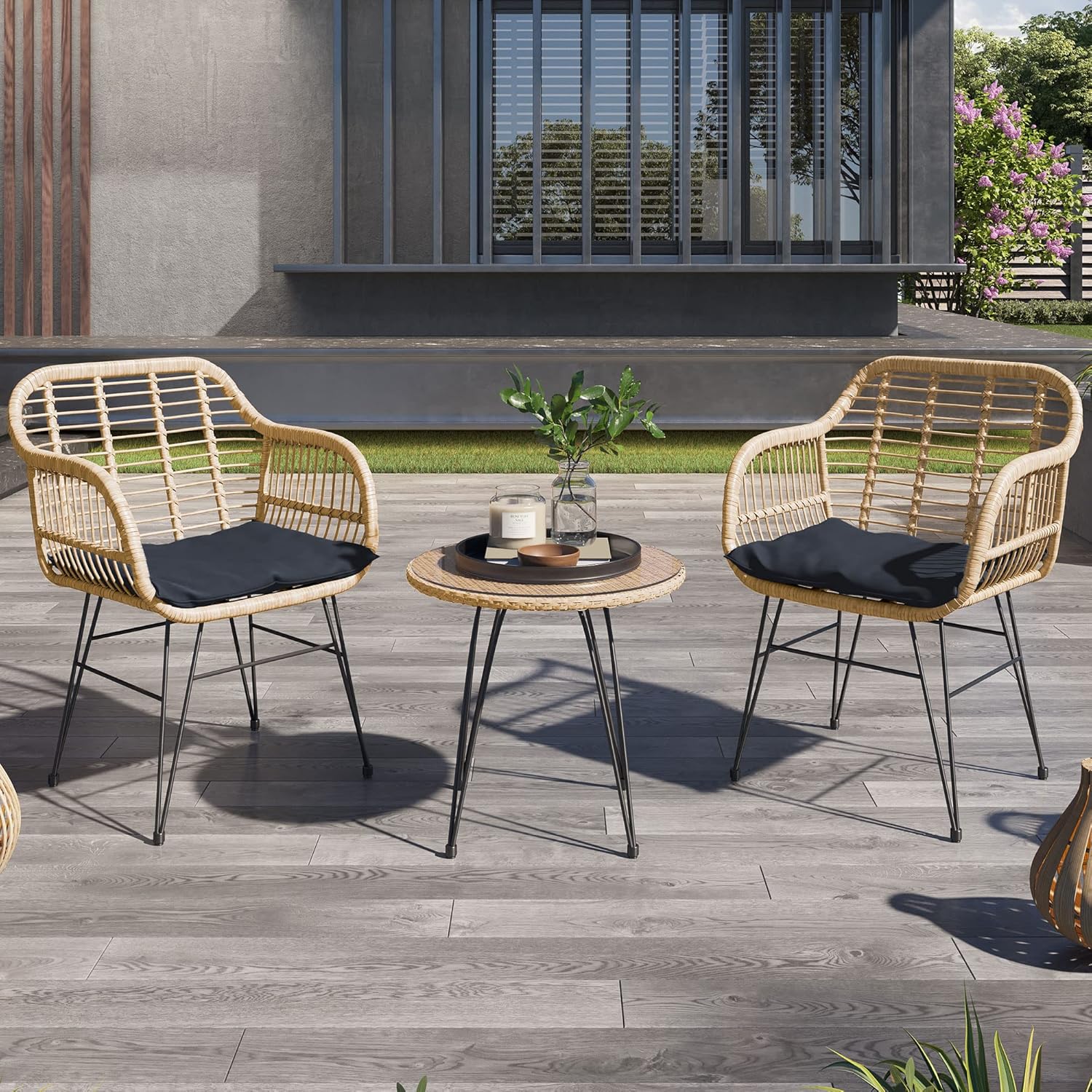 BELLEZE 3 Piece Modern Resin Wicker Patio Cafe Set with Glass Top Table and Two Chairs, Weather-Resistant Outdoor Furniture for Backyard, Porch or Pool - Beige