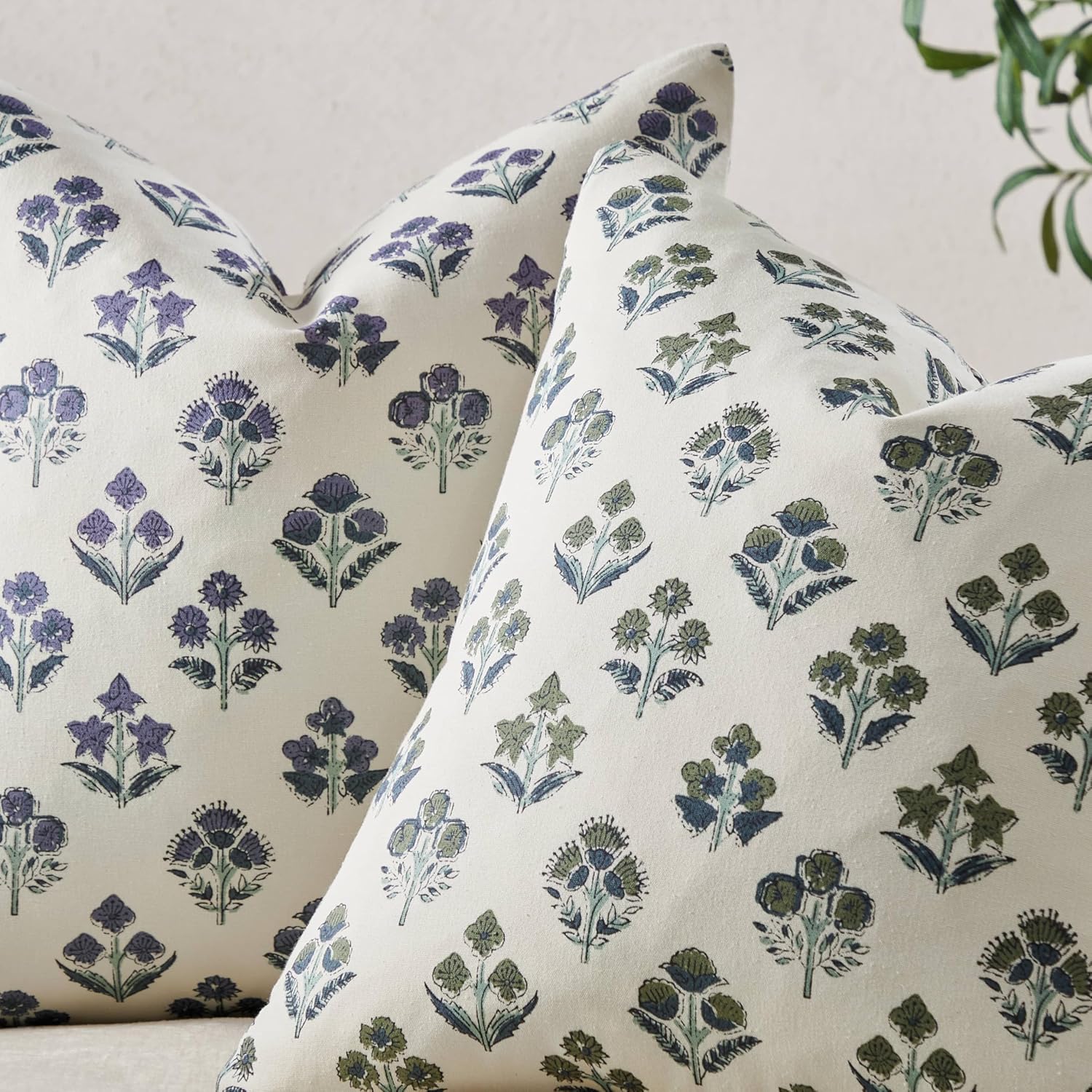 100% Cotton Floral Pillow Covers Set of 2, Double Sided Block Print Boho Decorative Throw Pillow Cases, Farmhouse Style Cushion Covers for Home Decor, 22x22 Inches Olive