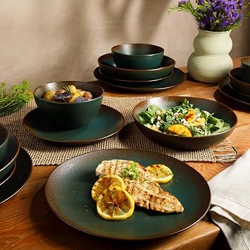 Bloomhouse - Two Time Oprah's Favorite Things Winner - Palermo Sun Double Bowl Stoneware Reactive Glaze Plates and Bowls Dinnerware Set - Agave Blue, Service for Four (16pcs)